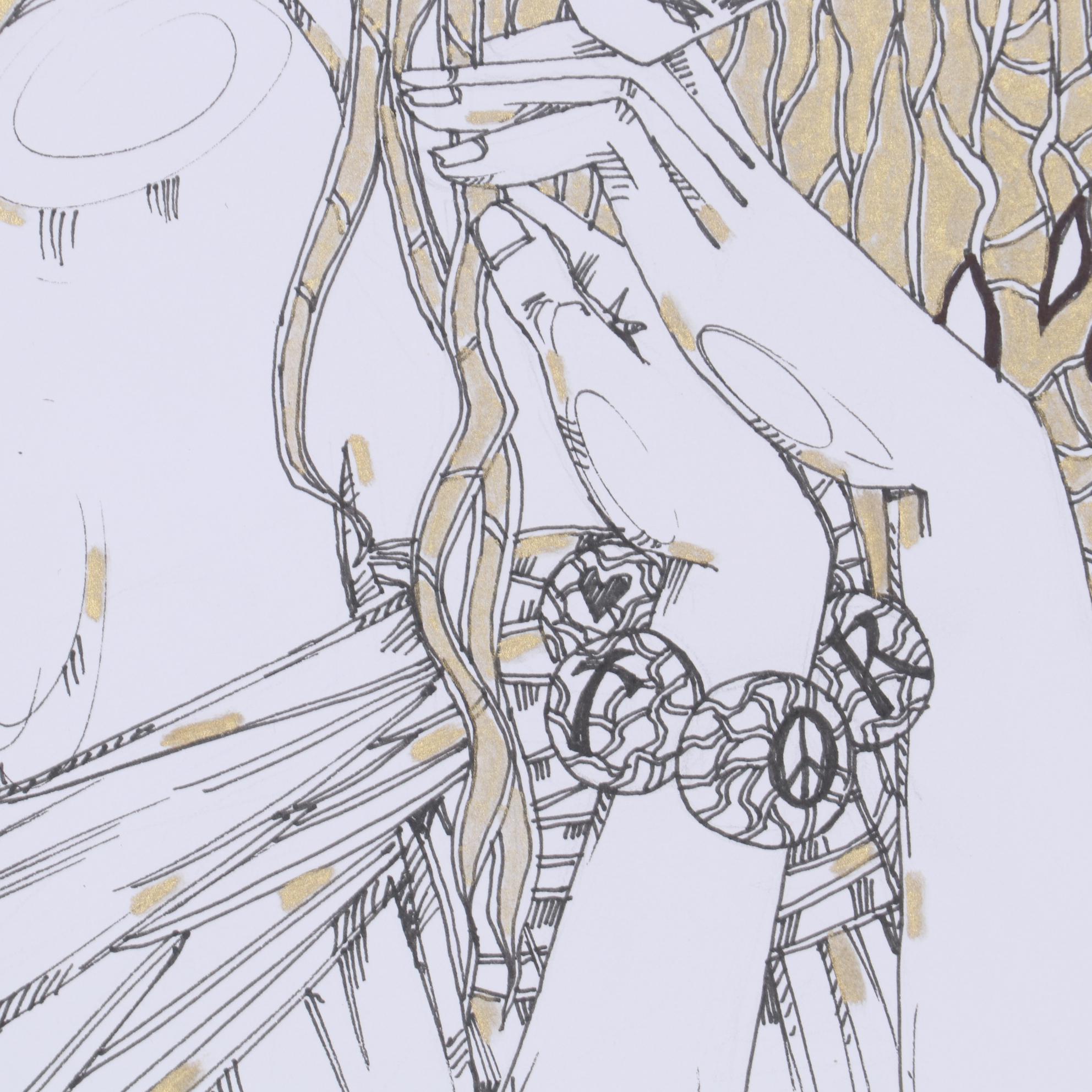 Maria Ramazanova Embellished Ink Drawing of Figure with Potted Plants