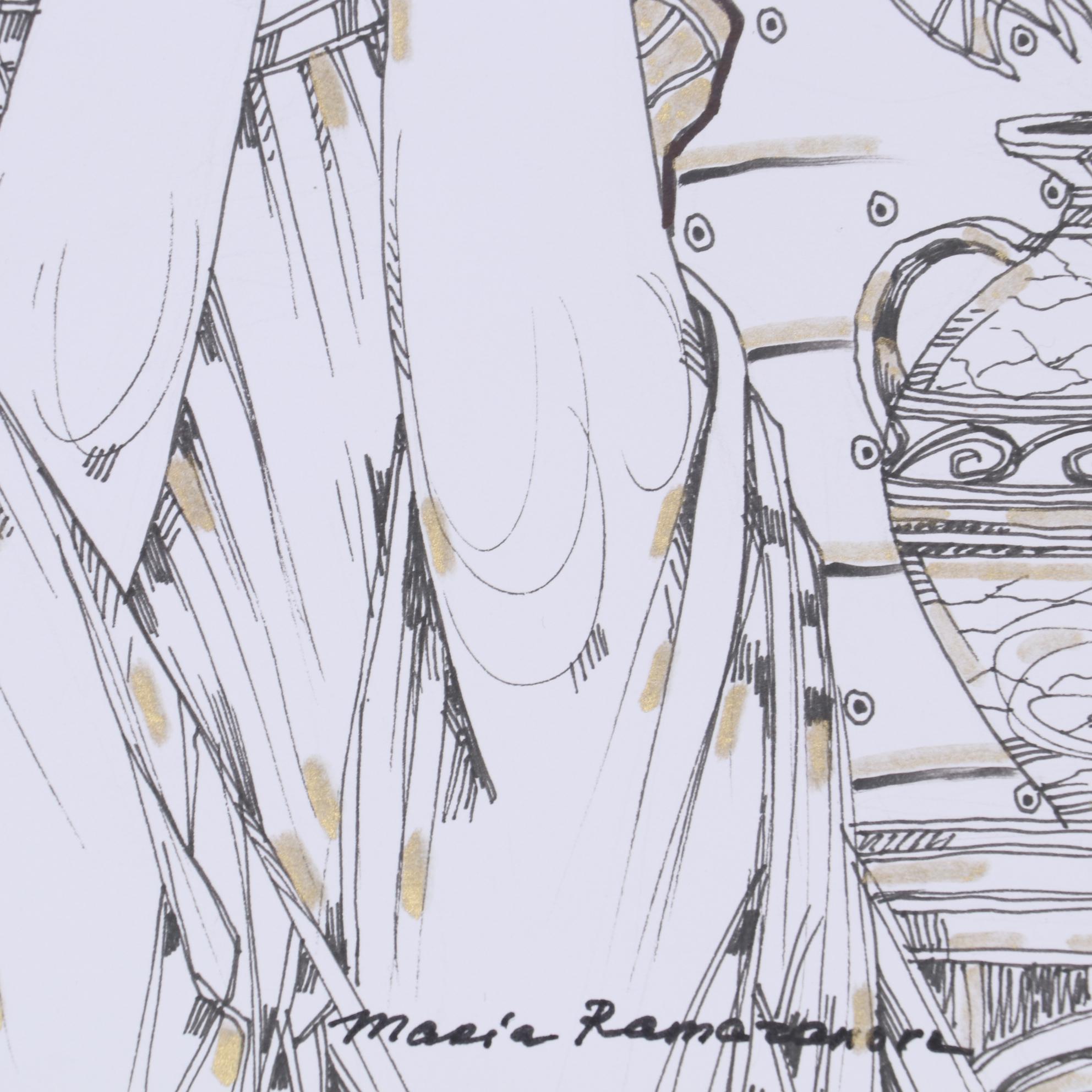 Maria Ramazanova Embellished Ink Drawing of Figure with Potted Plants