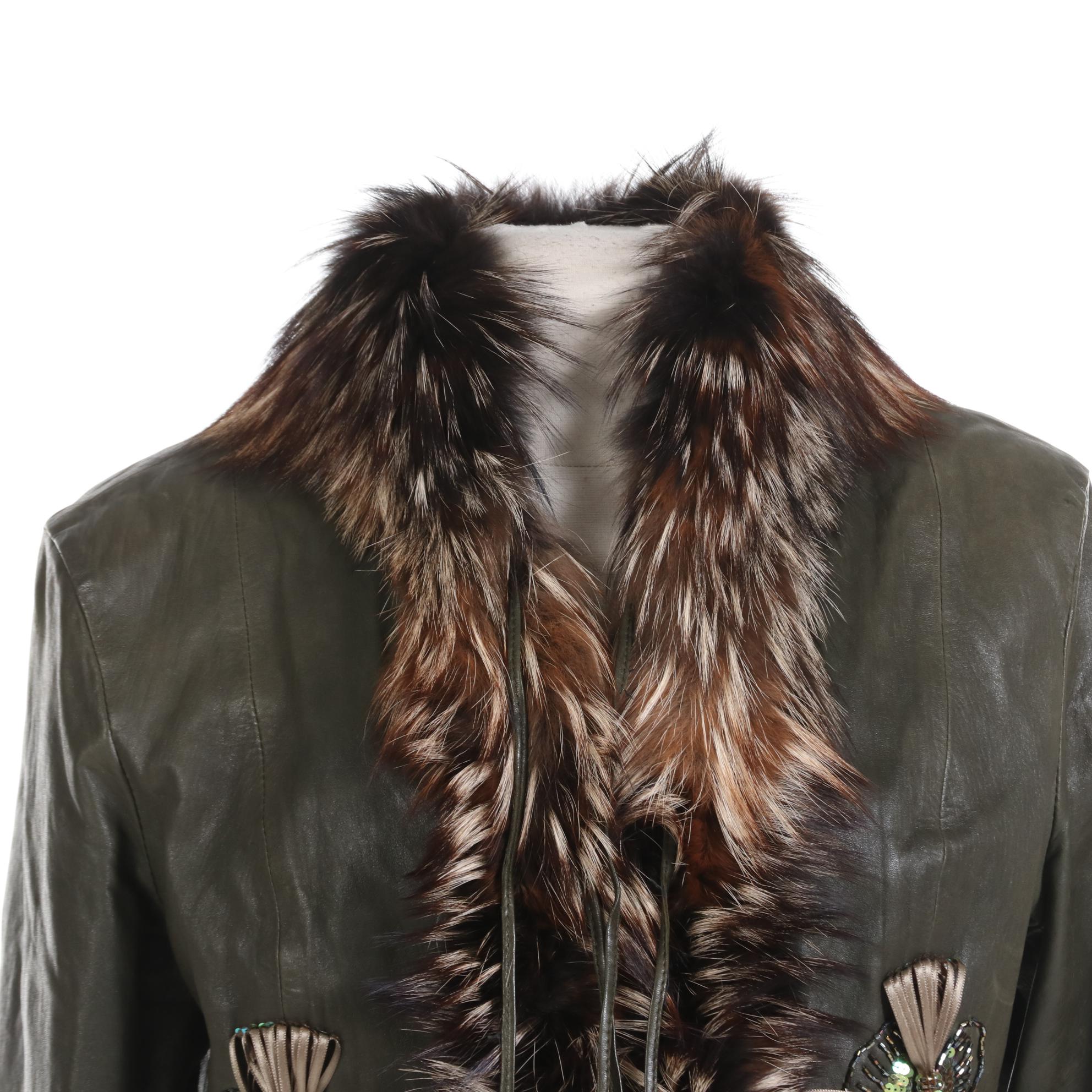 Culliano Bravo Embellished Olive Leather Jacket with Tanuki Fur Trim