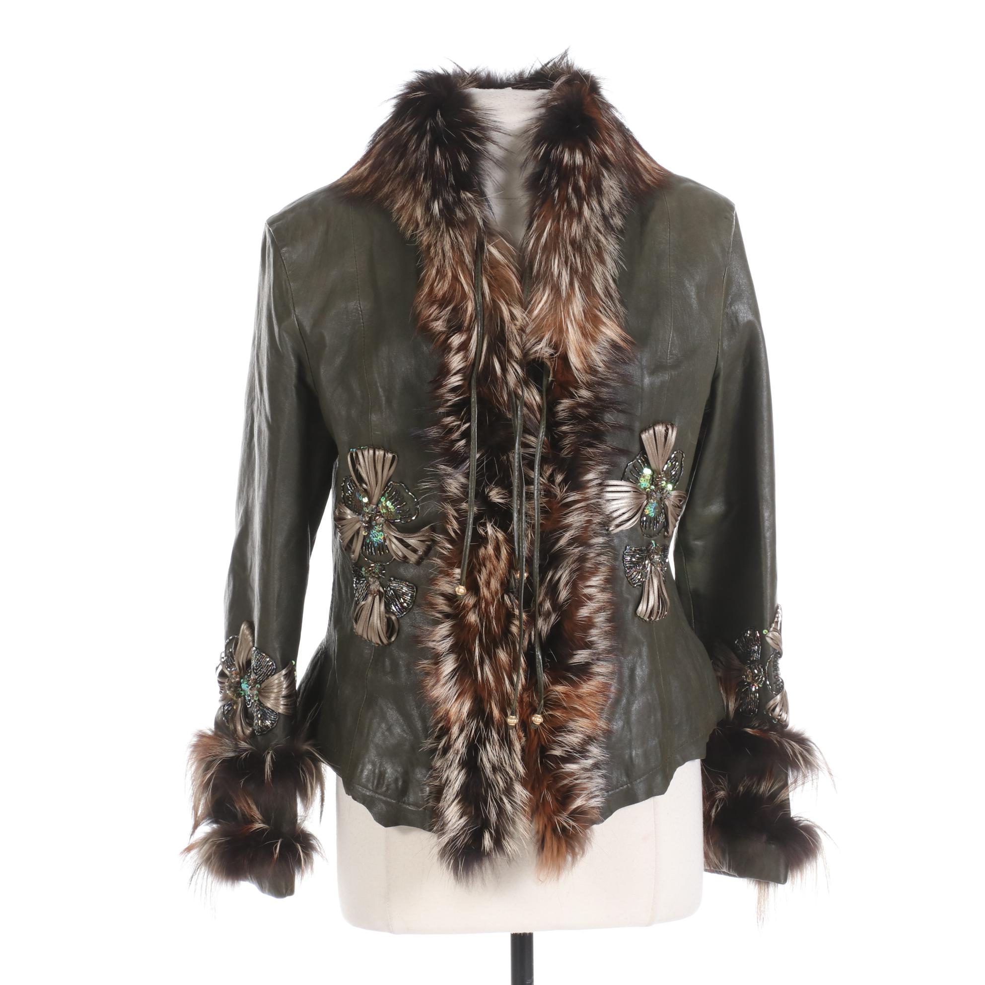 Culliano Bravo Embellished Olive Leather Jacket with Tanuki Fur Trim