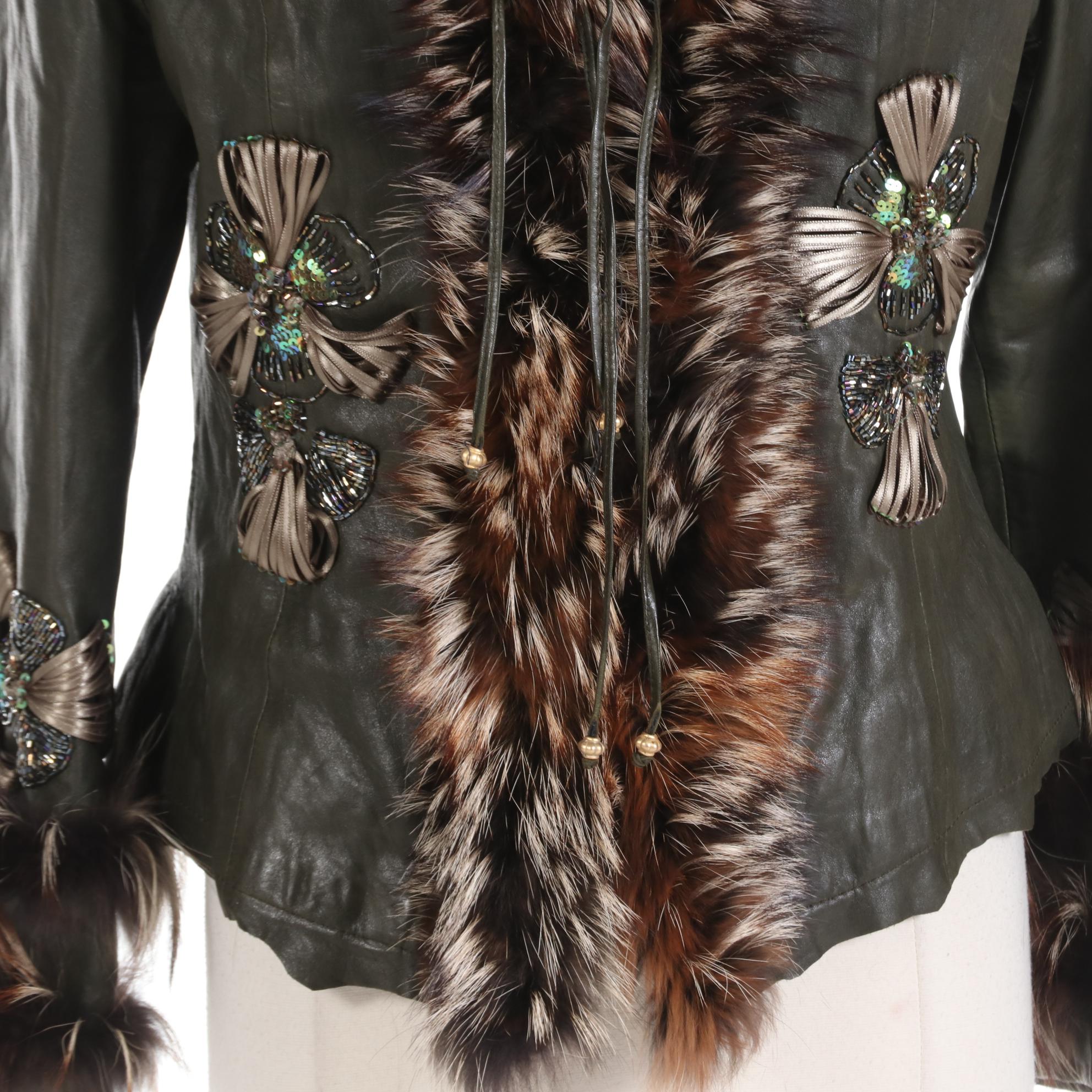 Culliano Bravo Embellished Olive Leather Jacket with Tanuki Fur Trim