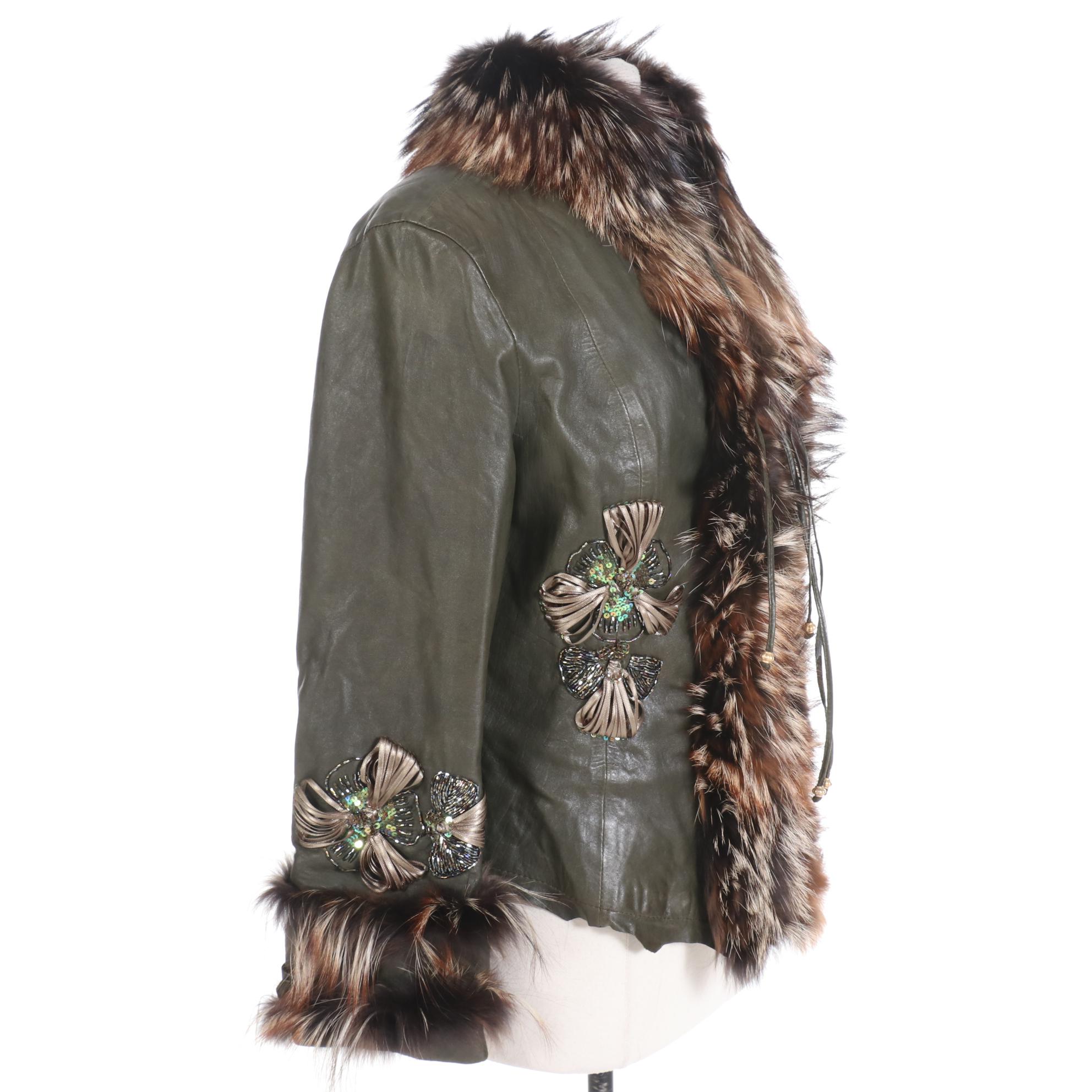 Culliano Bravo Embellished Olive Leather Jacket with Tanuki Fur Trim