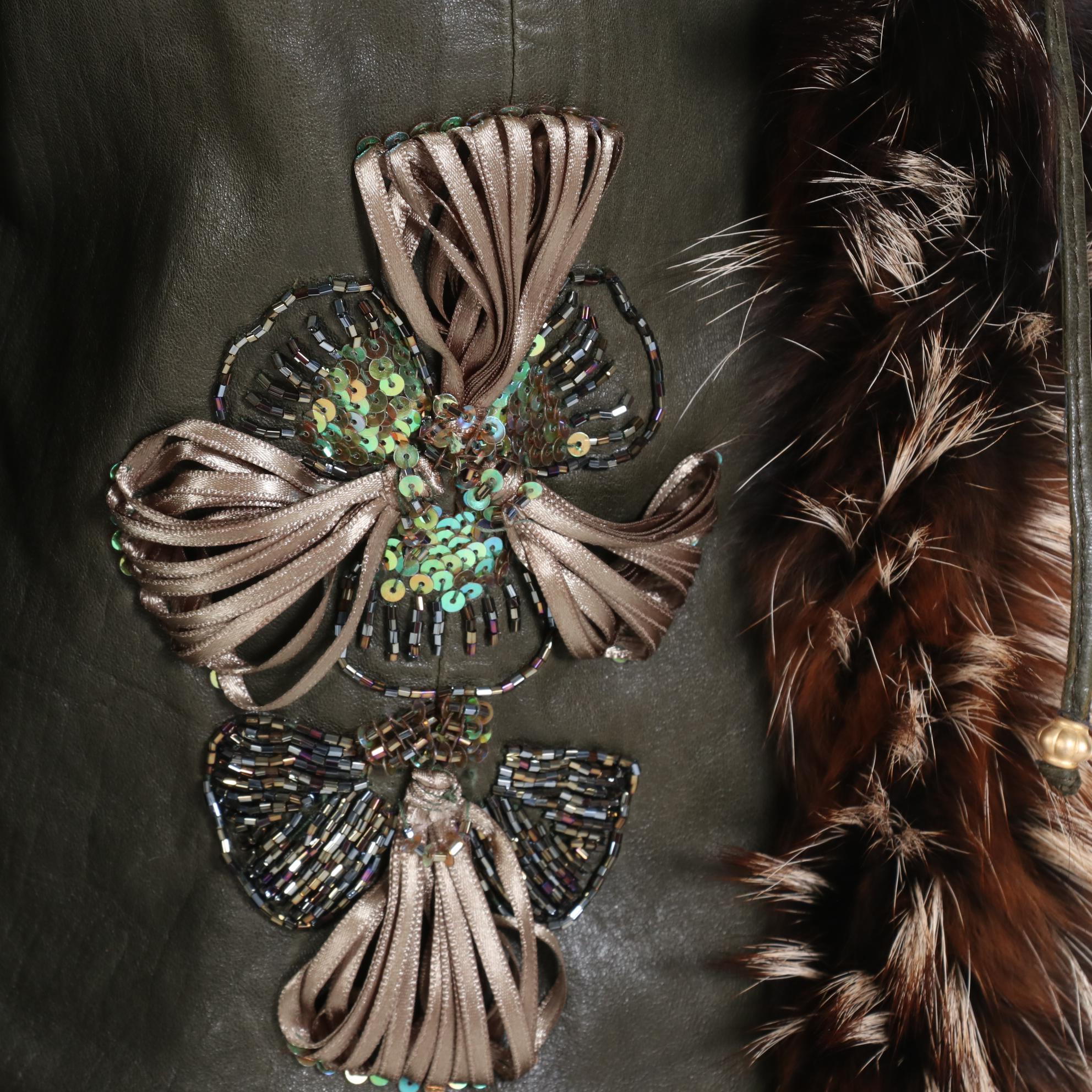 Culliano Bravo Embellished Olive Leather Jacket with Tanuki Fur Trim