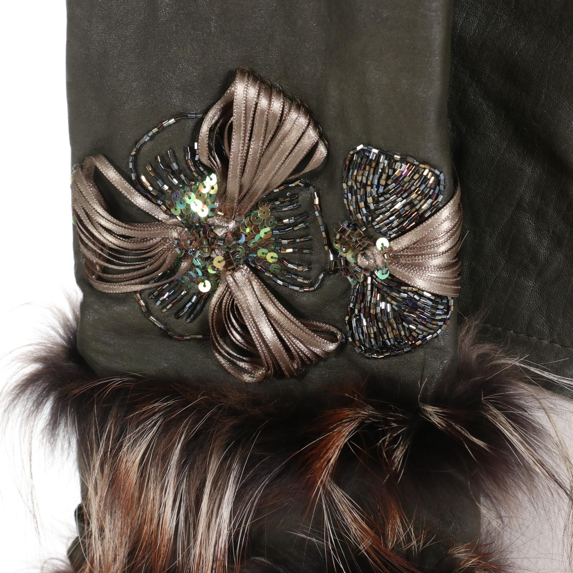 Culliano Bravo Embellished Olive Leather Jacket with Tanuki Fur Trim