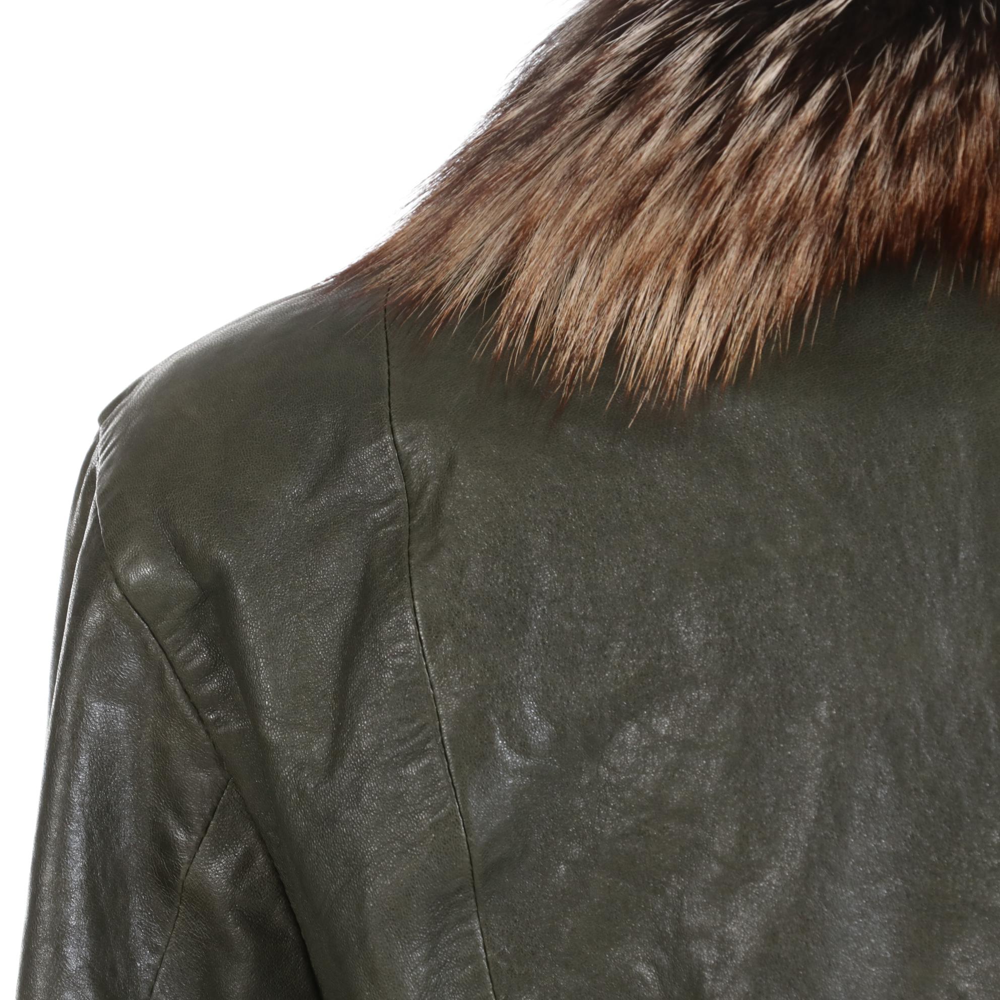 Culliano Bravo Embellished Olive Leather Jacket with Tanuki Fur Trim