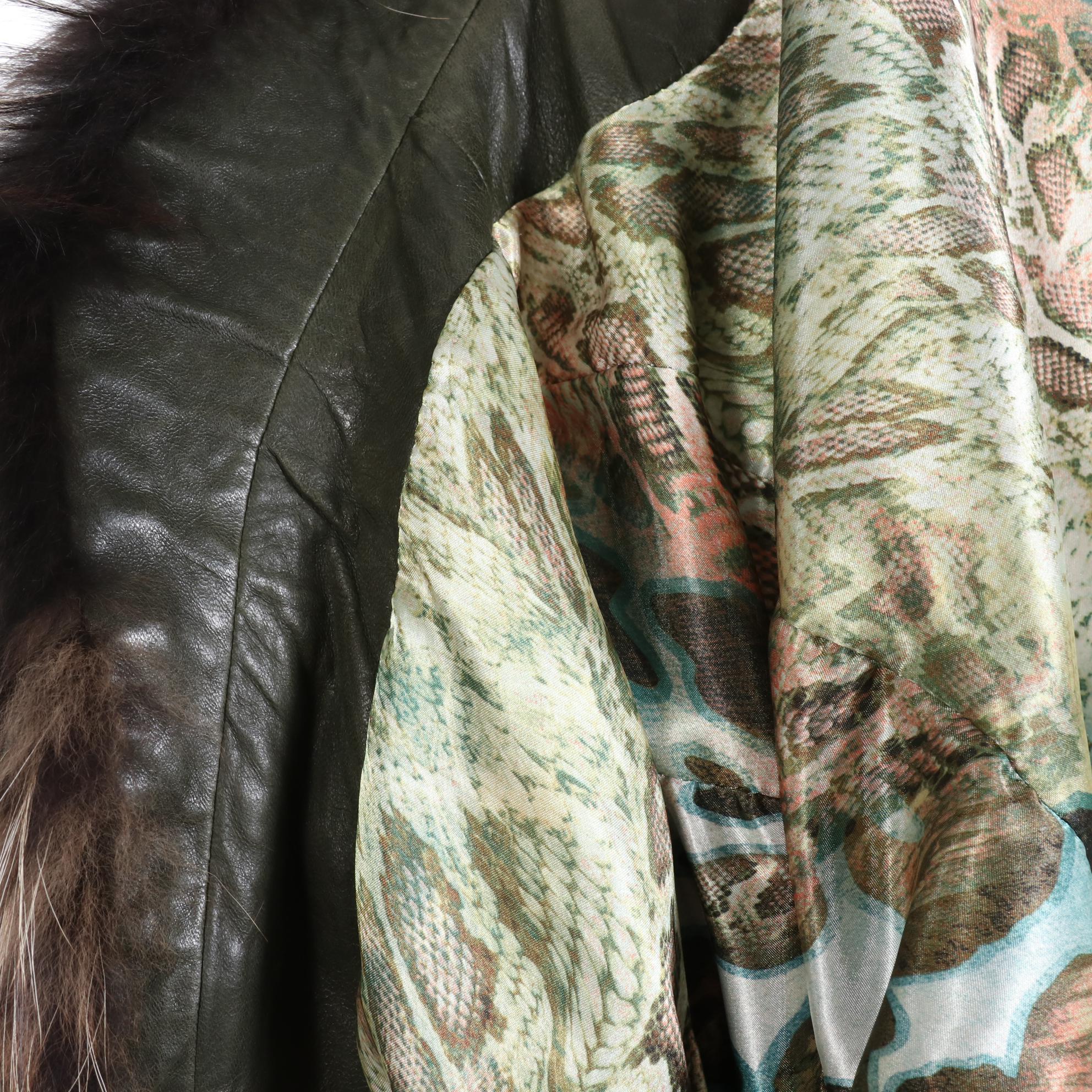 Culliano Bravo Embellished Olive Leather Jacket with Tanuki Fur Trim