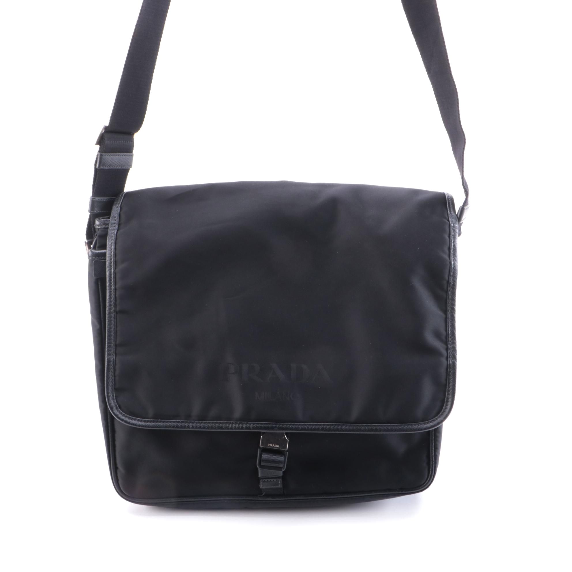 Prada Logo Black Nylon Messenger Bag with Saffiano Leather Trim