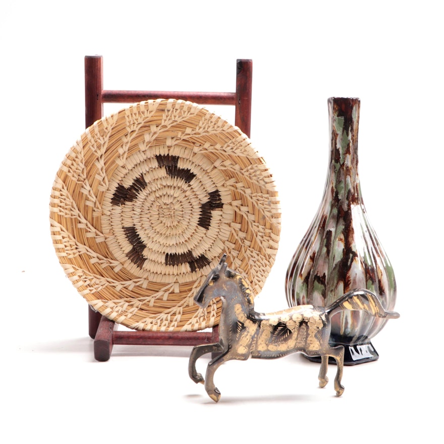 French Art Pottery with Woven Basket and Brass Horse Figure