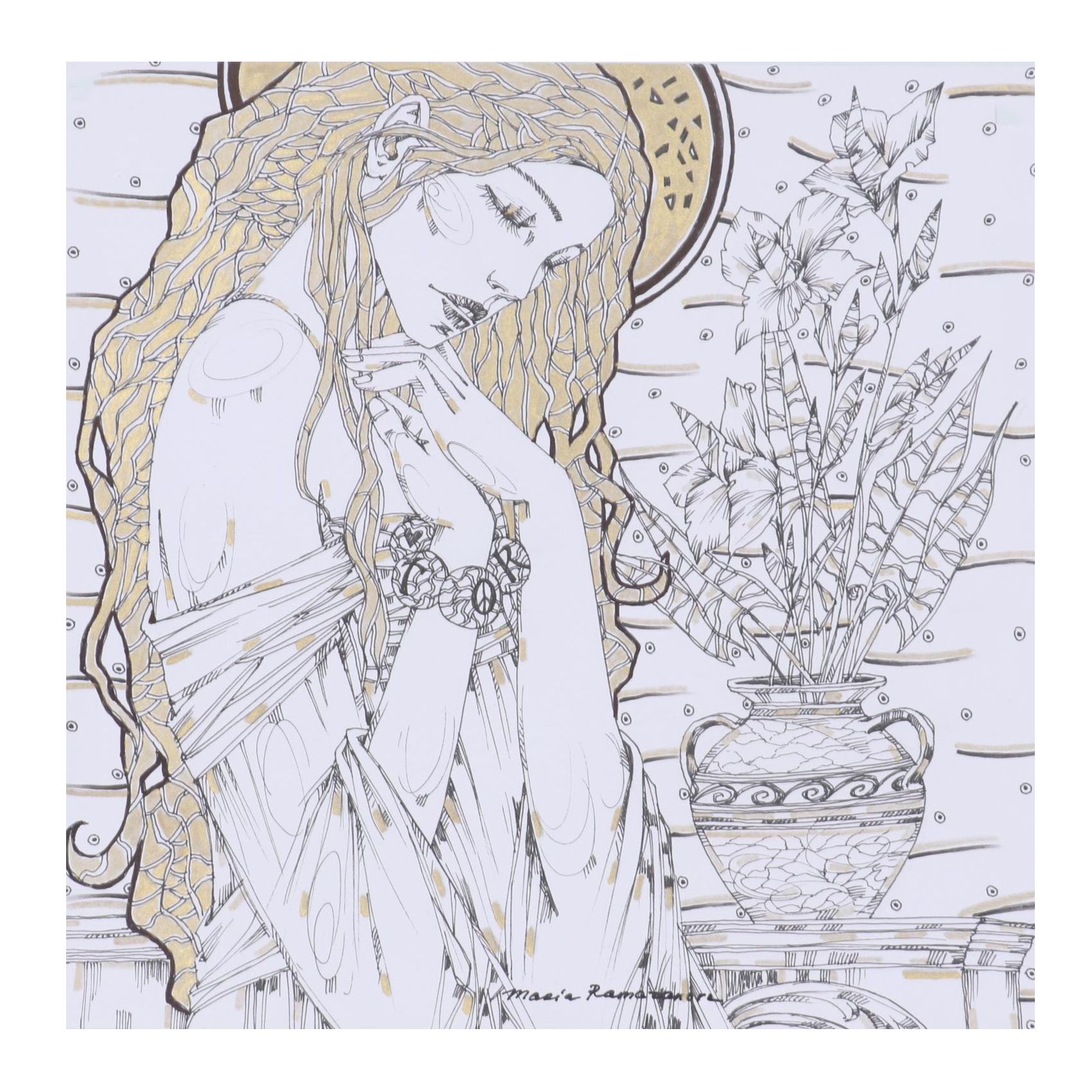 Maria Ramazanova Embellished Ink Drawing of Figure with Potted Plants