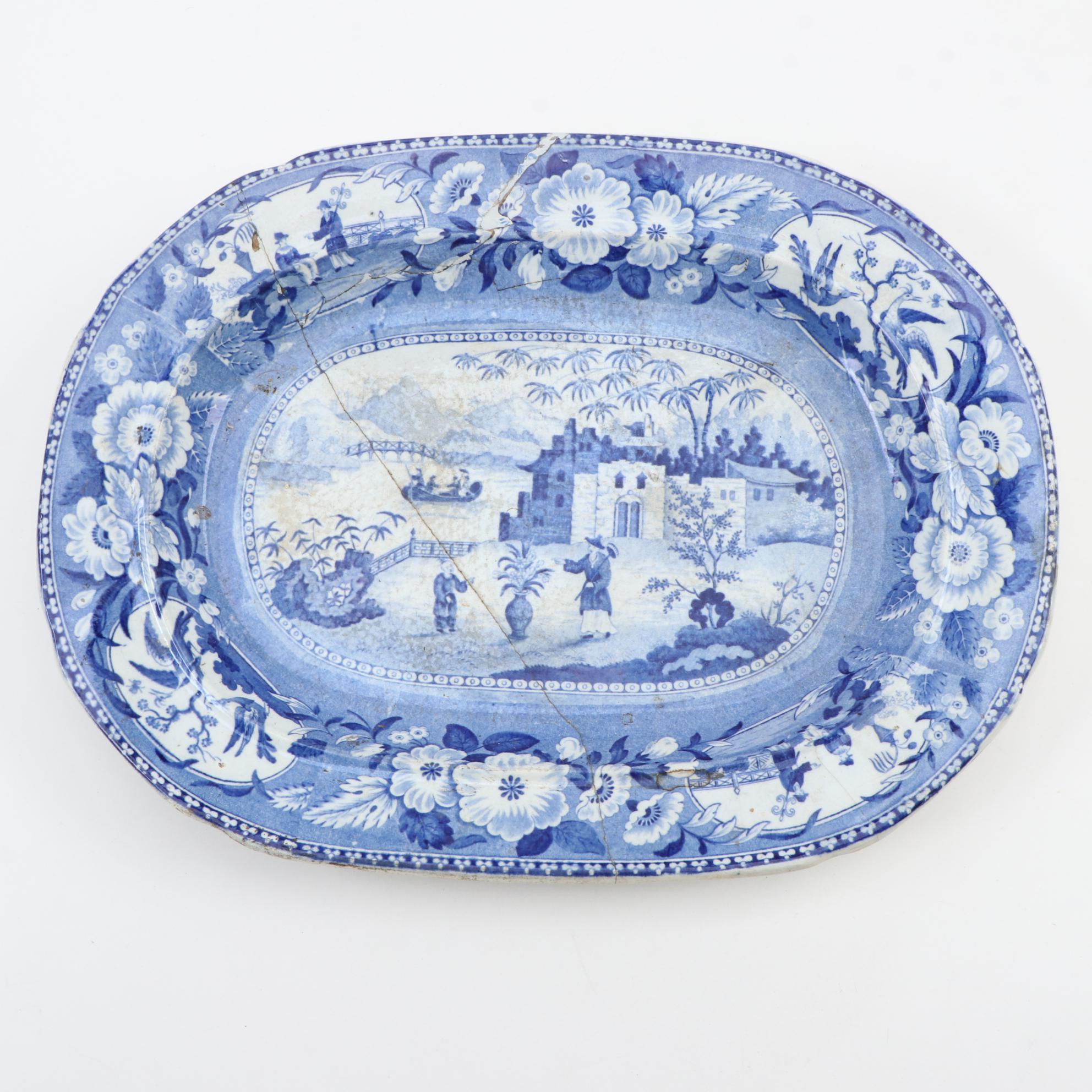 Blue Willow Style Ceramic and Wood Tray-on-Stand