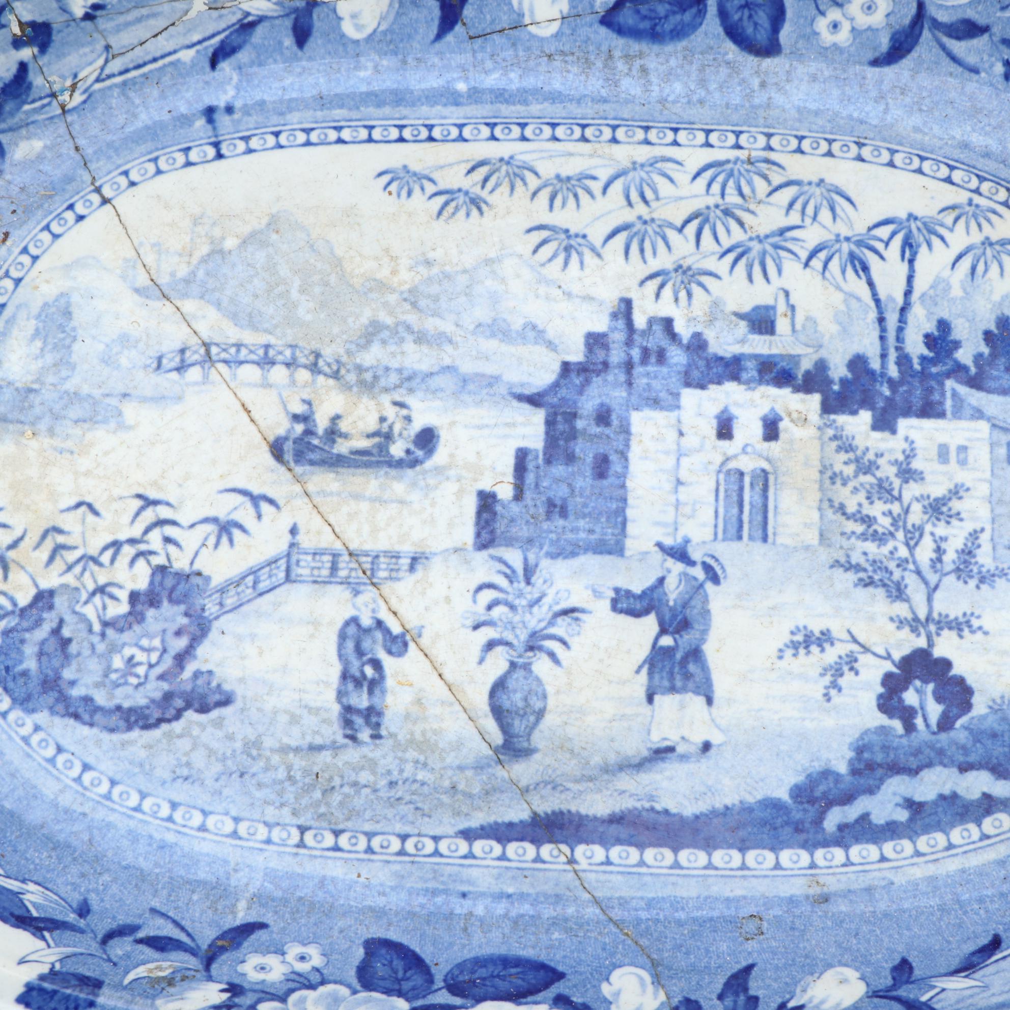 Blue Willow Style Ceramic and Wood Tray-on-Stand