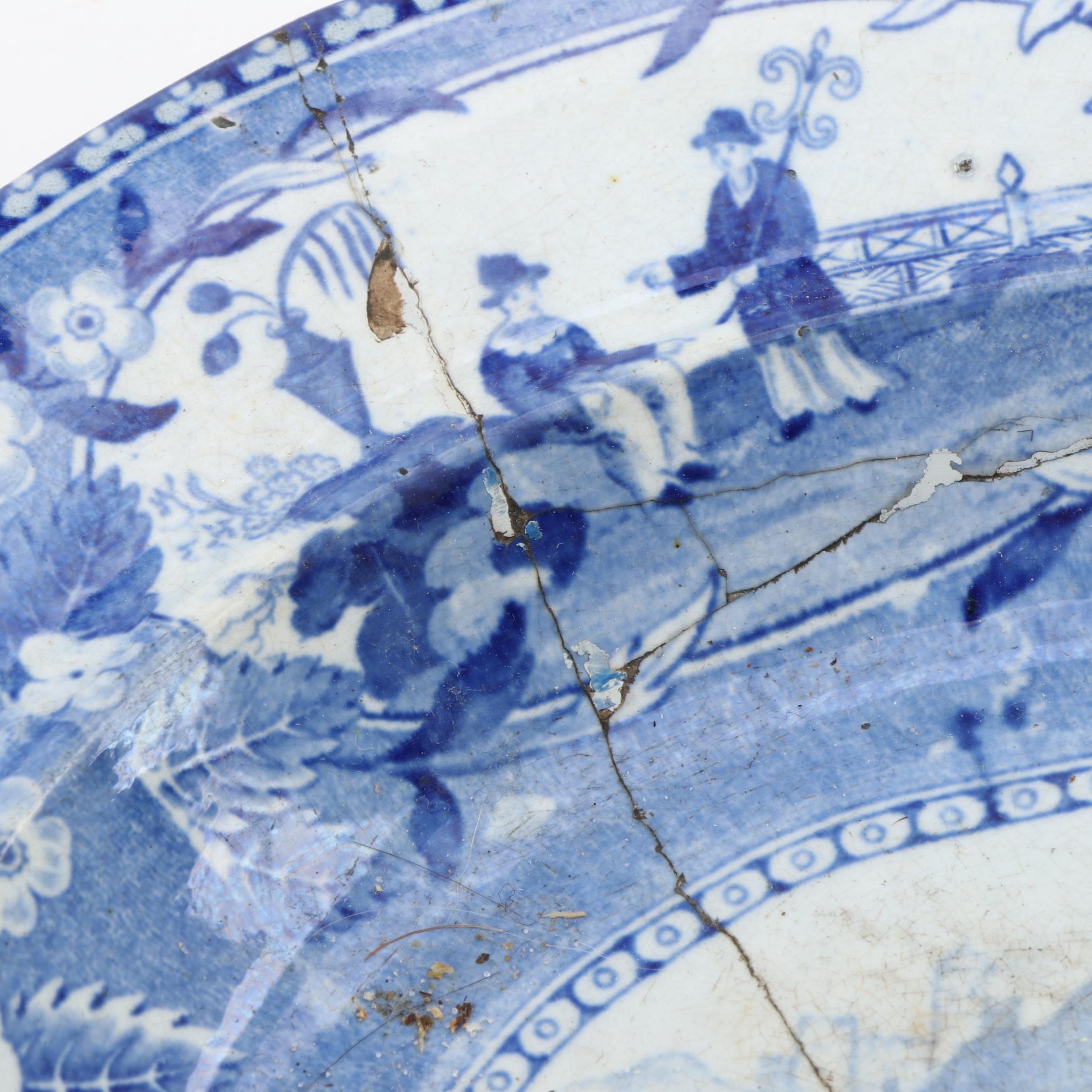 Blue Willow Style Ceramic and Wood Tray-on-Stand