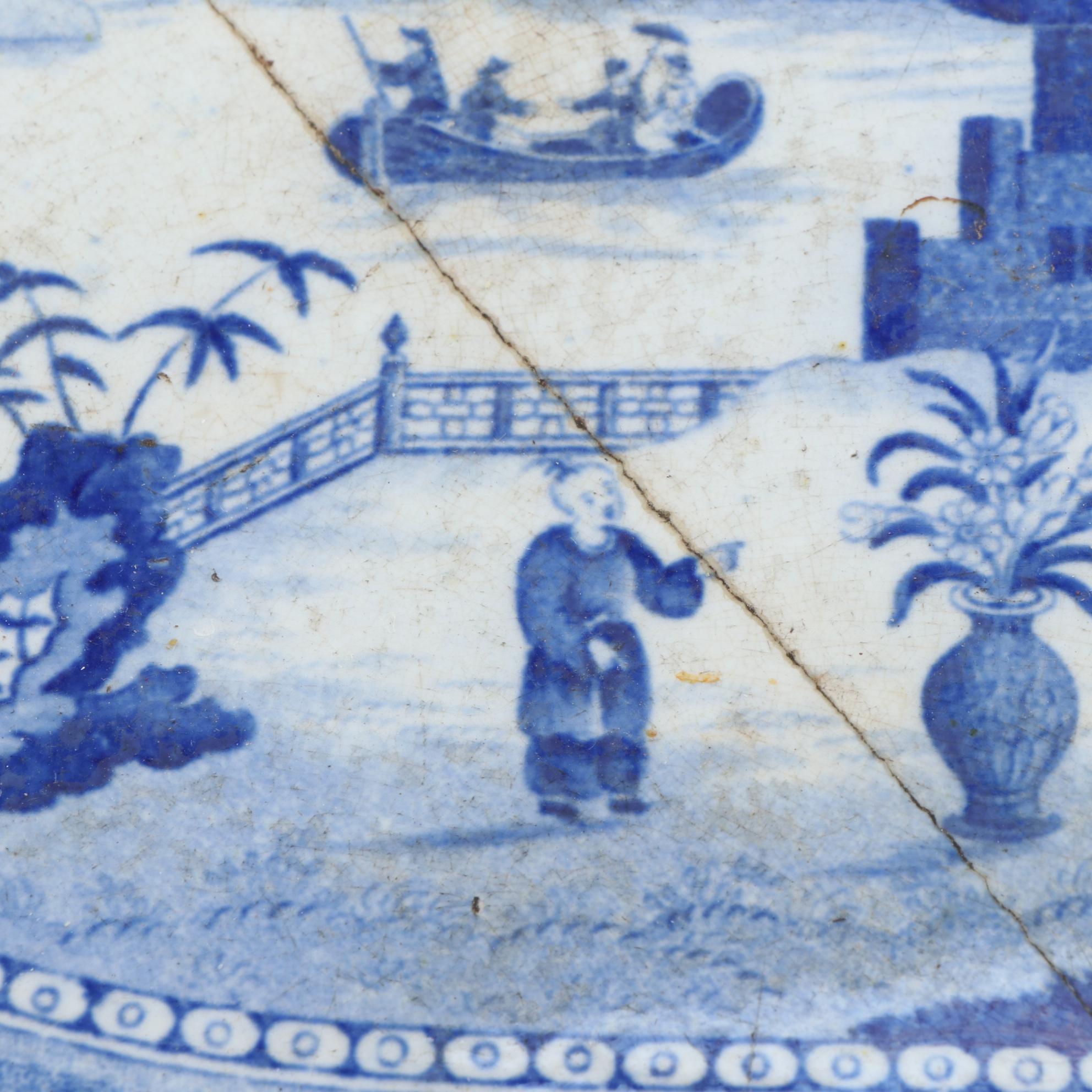 Blue Willow Style Ceramic and Wood Tray-on-Stand