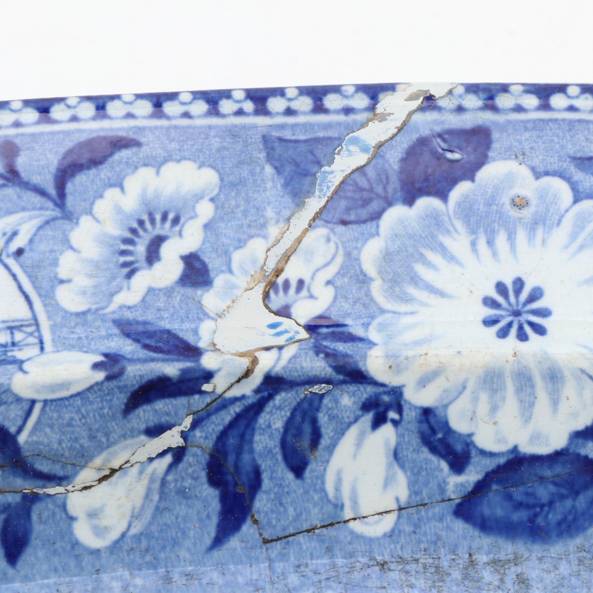 Blue Willow Style Ceramic and Wood Tray-on-Stand