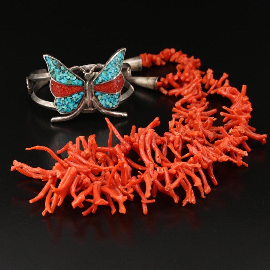 Southwestern Coral and Turquoise Inlay Cuff and Graduated Necklace