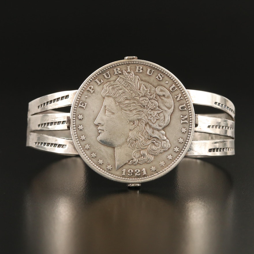 Sterling Stampwork Cuff with 1921 Morgan Silver Dollar