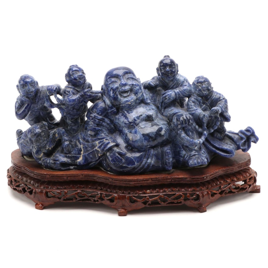 Chinese Carved Lapis Lazuli Budai with Five Children