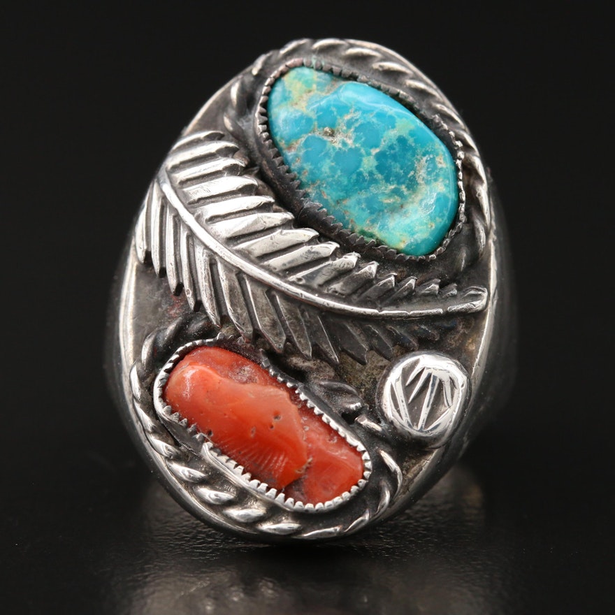 Southwestern Style Signed 800 Silver Turquoise and Coral Ring