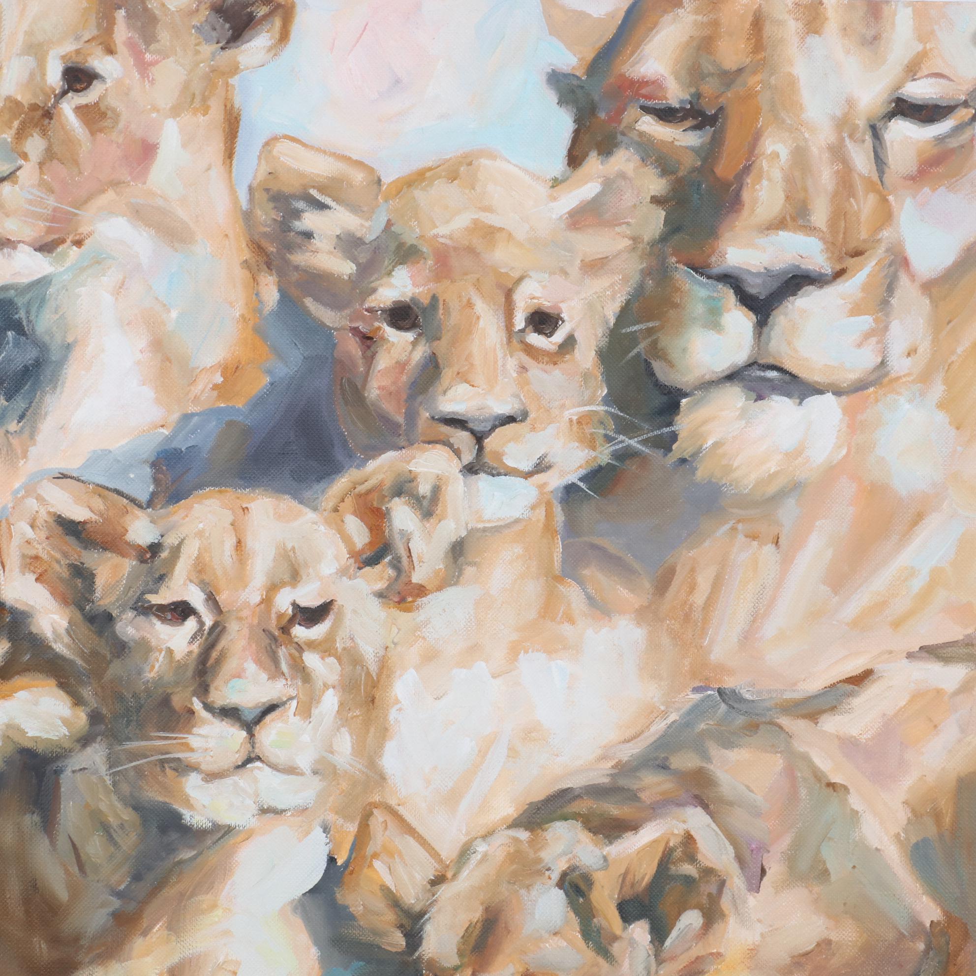 Armando Wood Oil Painting of Lioness and Her Cubs, 2020