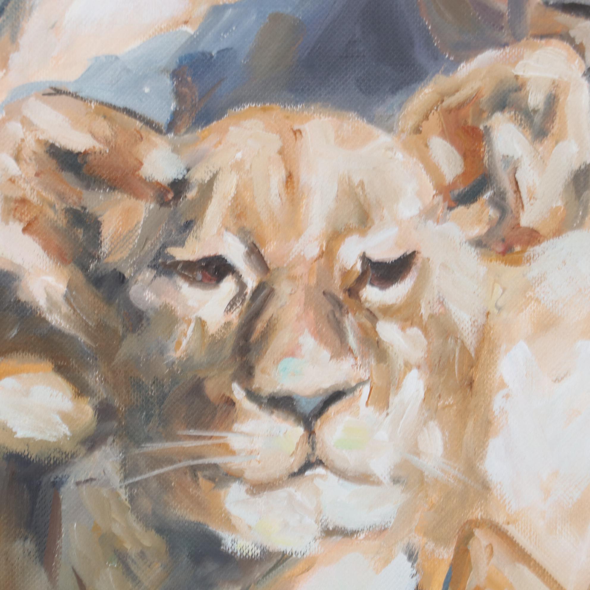 Armando Wood Oil Painting of Lioness and Her Cubs, 2020