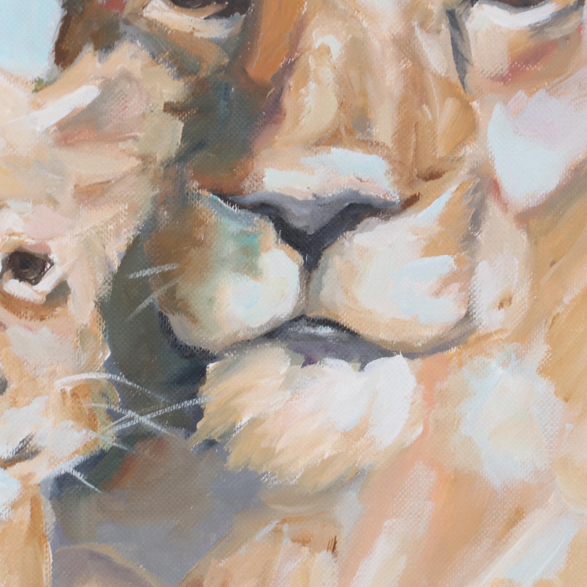 Armando Wood Oil Painting of Lioness and Her Cubs, 2020