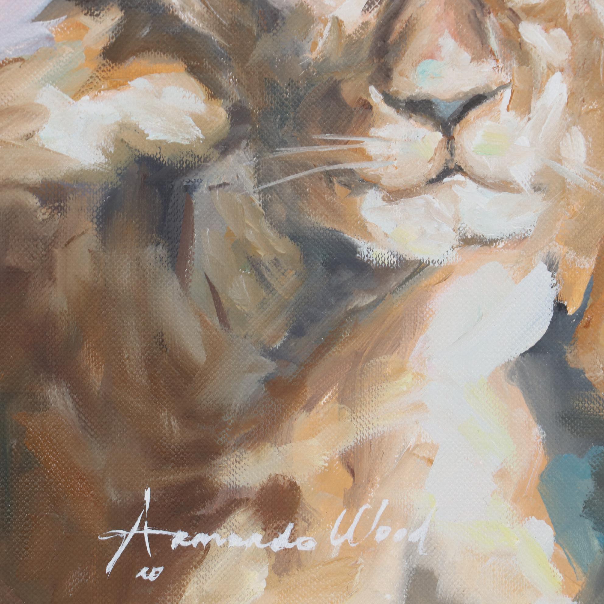 Armando Wood Oil Painting of Lioness and Her Cubs, 2020