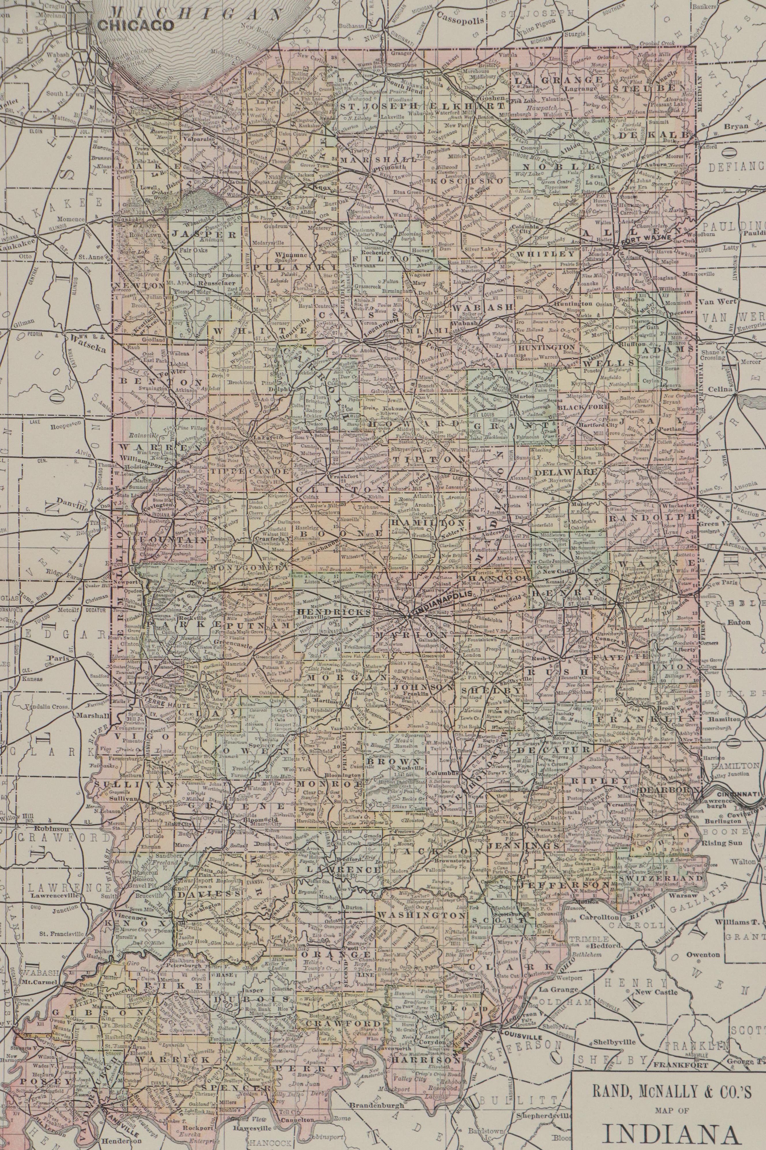 Rand McNally County Map of Indiana, 1887