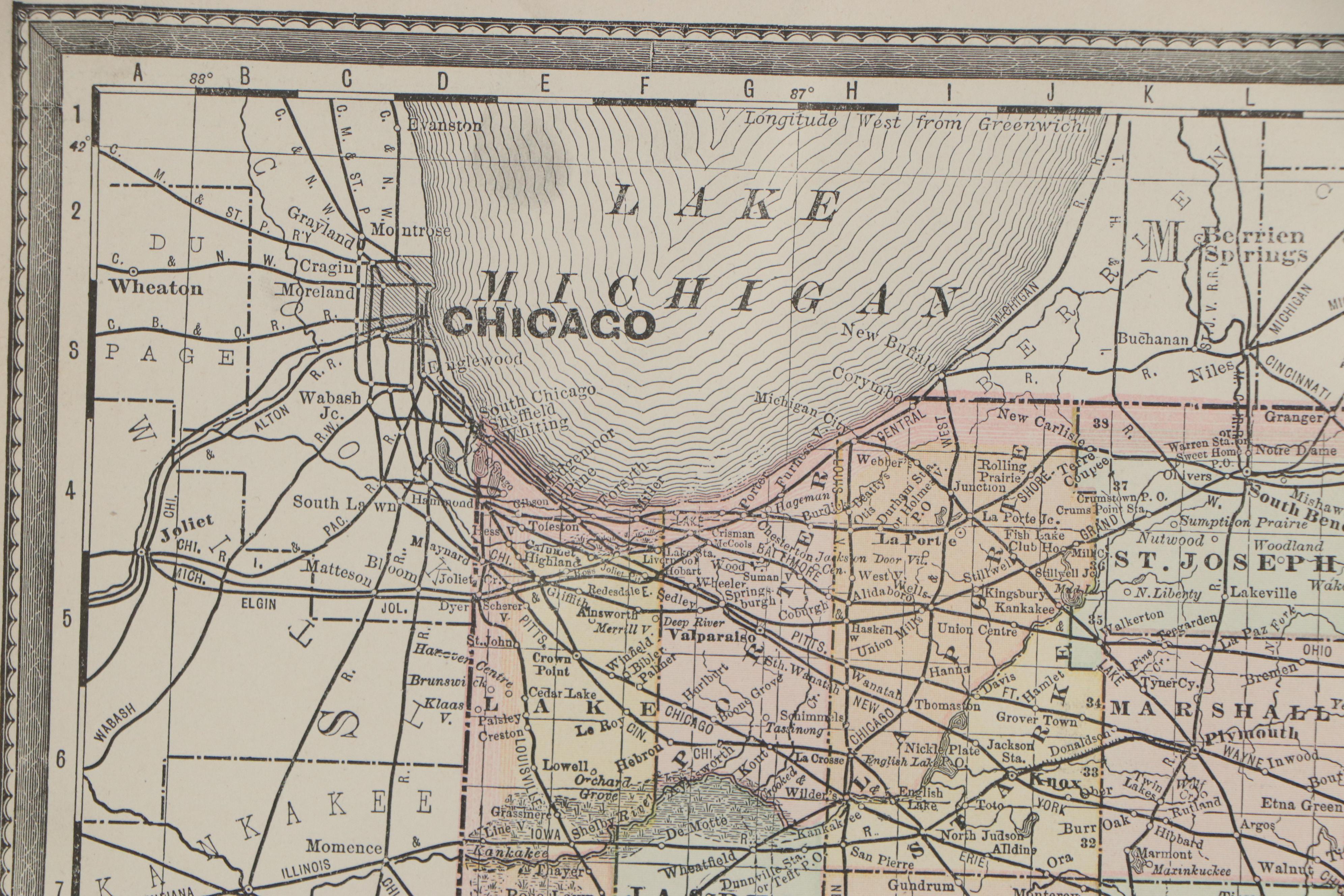 Rand McNally County Map of Indiana, 1887