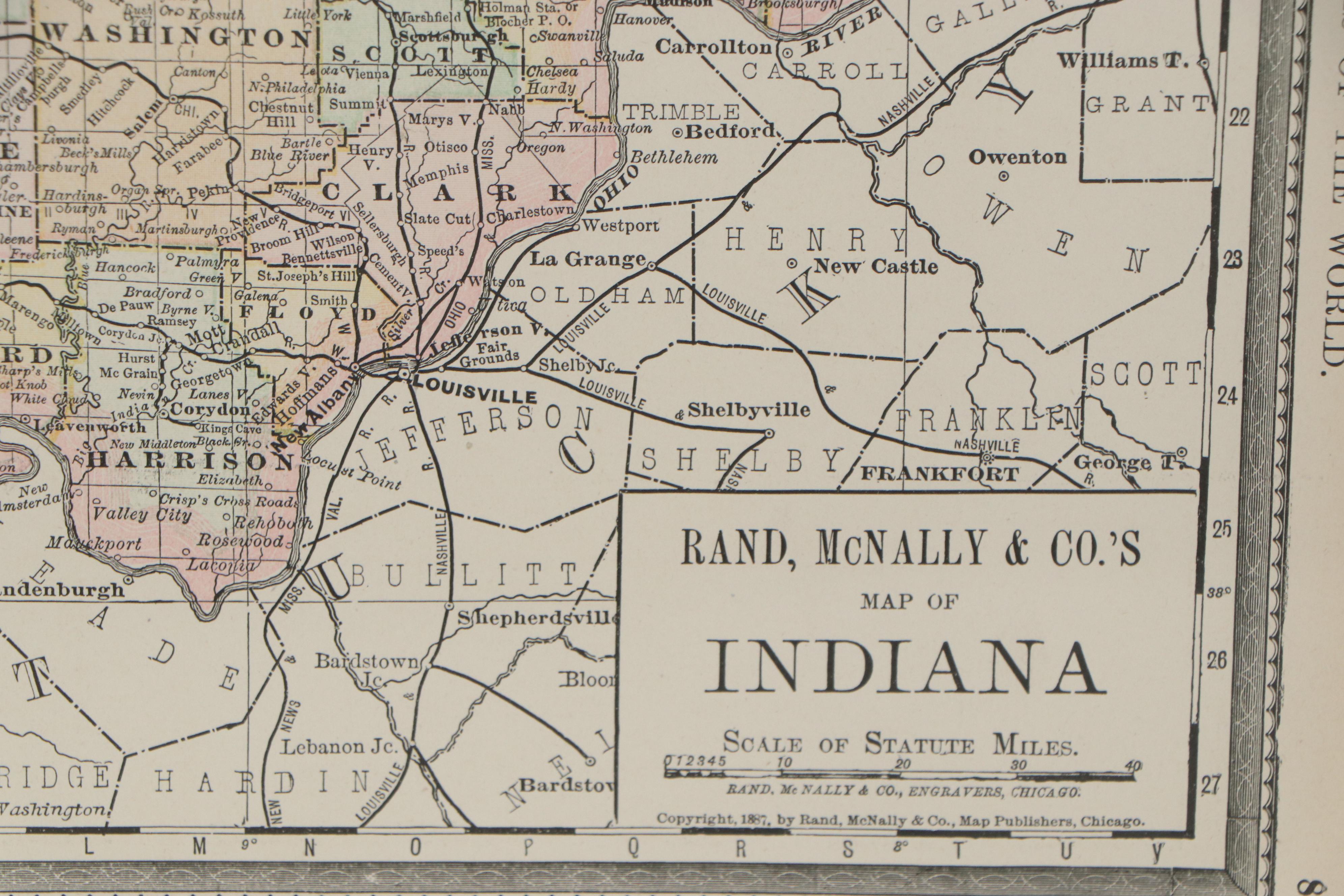 Rand McNally County Map of Indiana, 1887