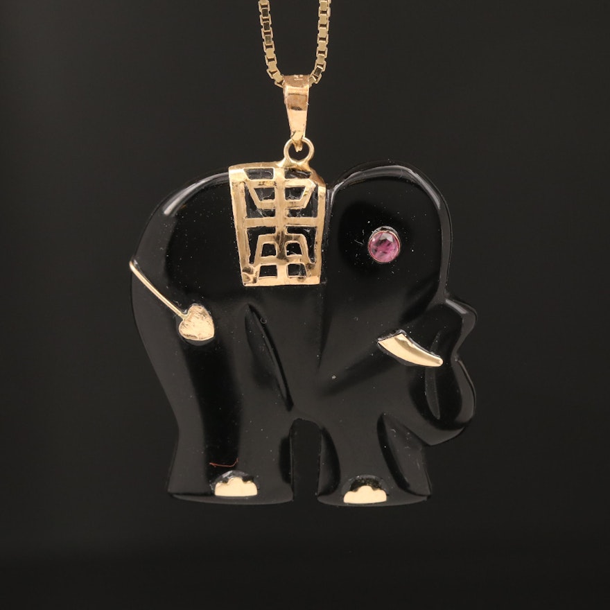 Asian 14K Black Onyx and Ruby Longevity Elephant Necklace