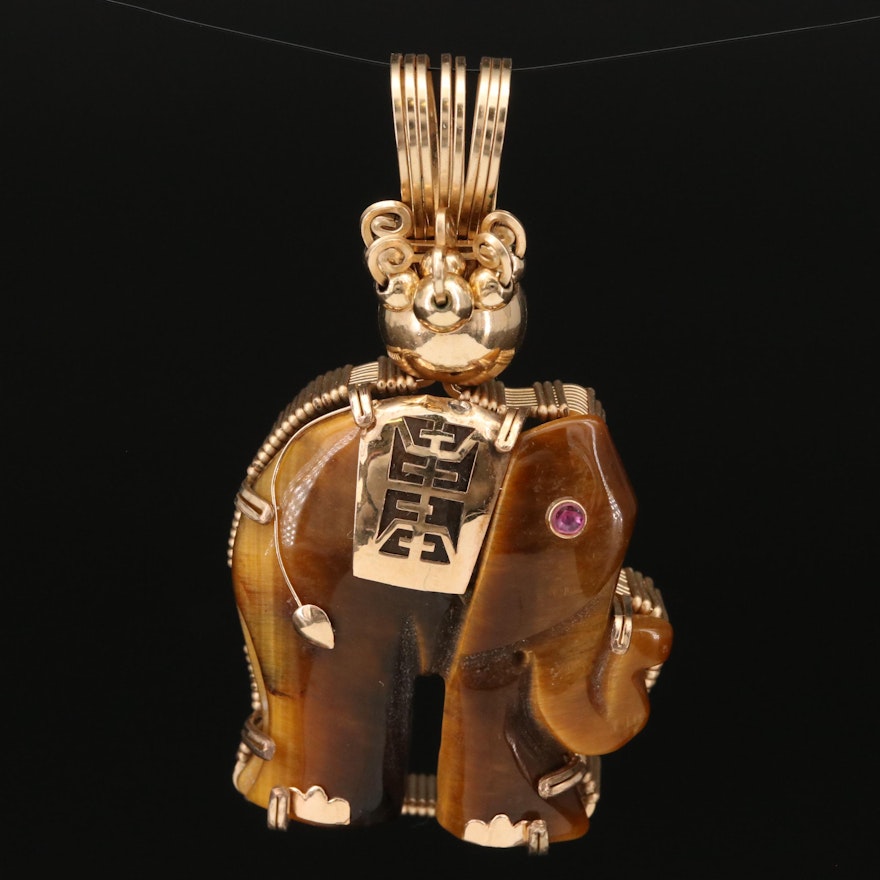 14K Tiger's Eye and Ruby Longevity Elephant Pendant