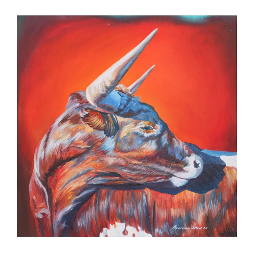 Armando Wood Oil Painting of a Bull, 2020