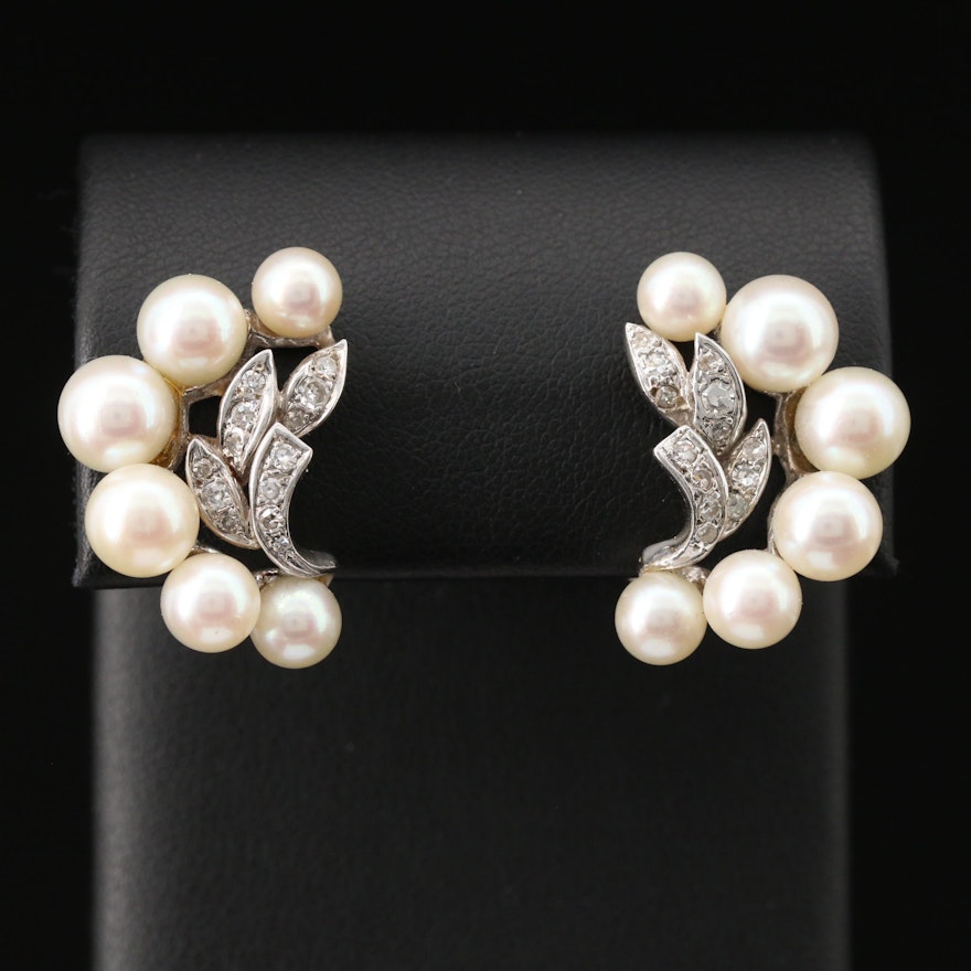 14K Pearls and Diamond Earrings with Foliate Motif