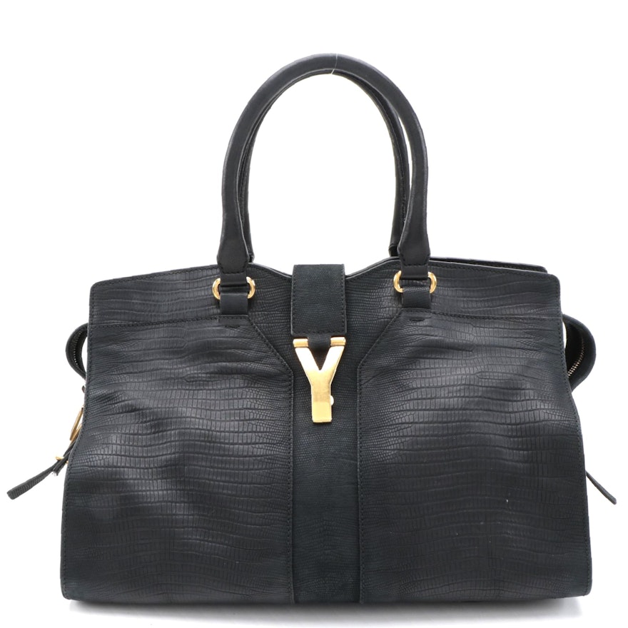 Yves Saint Laurent Chyc Cabas Tote in Black Lizard Embossed Leather