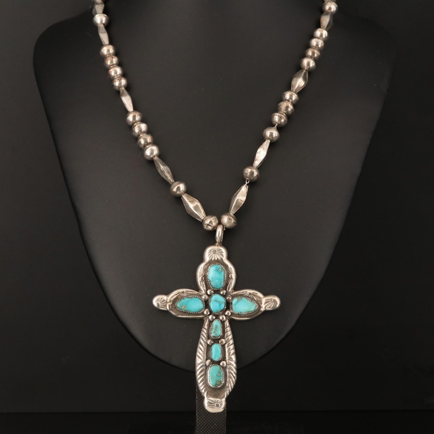 Horace Iule Zuni Sterling Silver Turquoise Cross Pendant Necklace