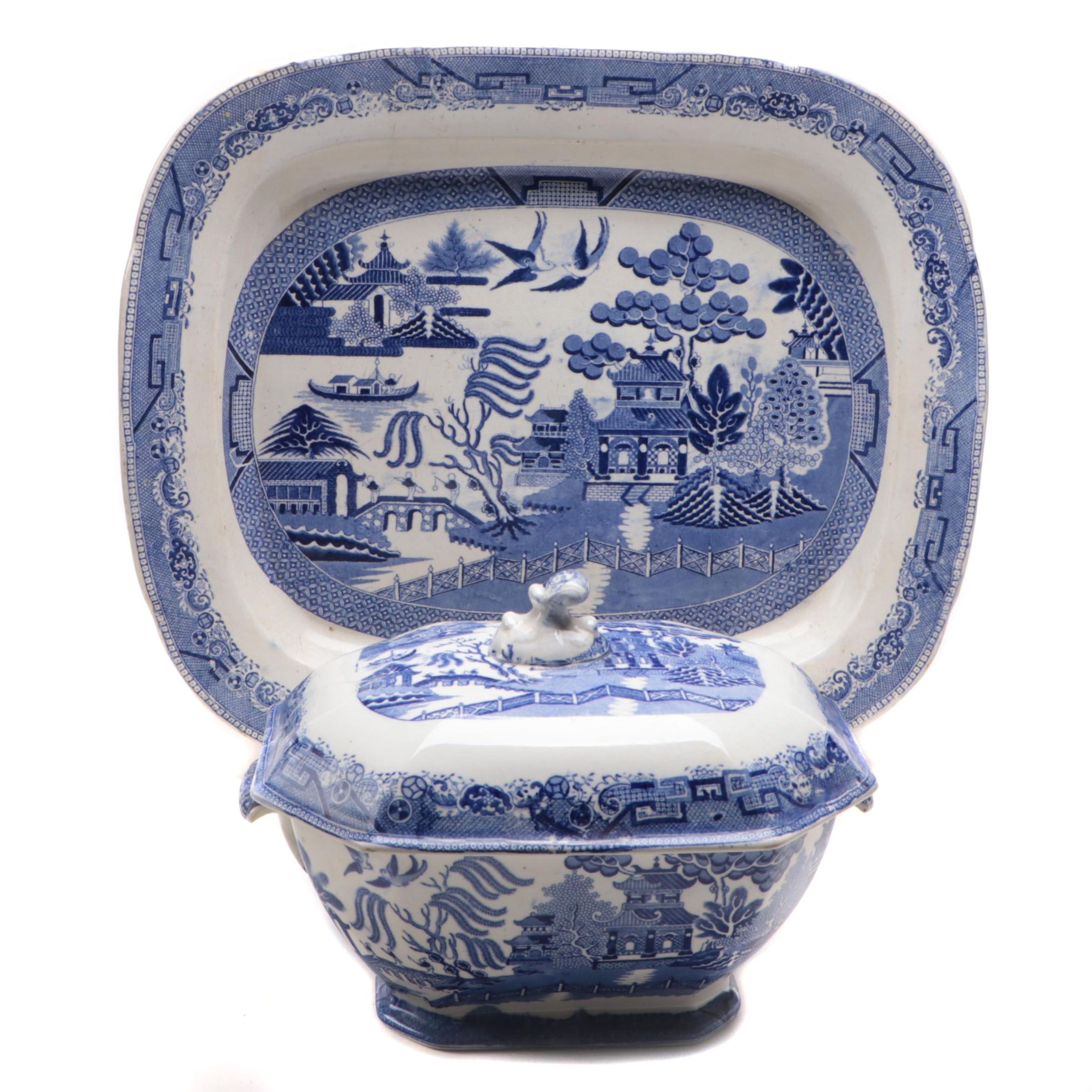 English "Blue Willow" Transferware Soup Tureen and Serving Tray, 19th Century