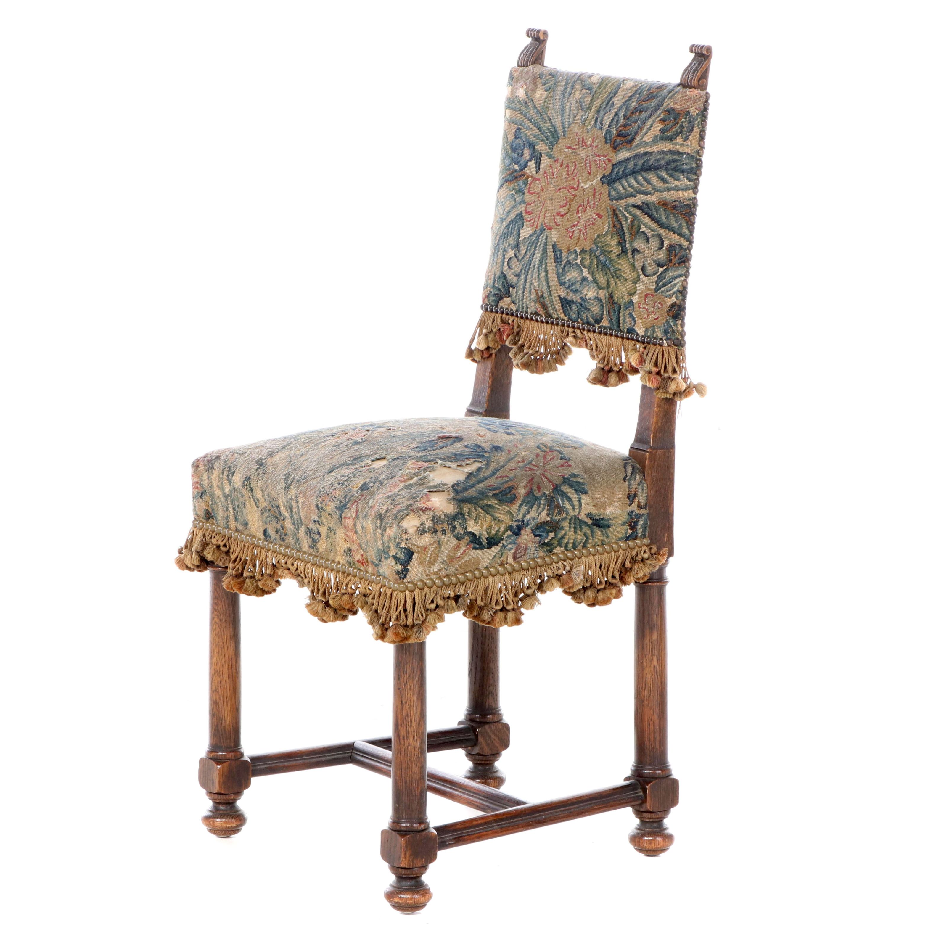 Baroque Style Oak and Needlepoint Side Chair, Late 19th/Early 20th Century