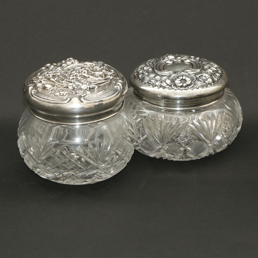 Gorham and Unger Sterling Silver Cut Glass Vanity Jars, Early 20th Century