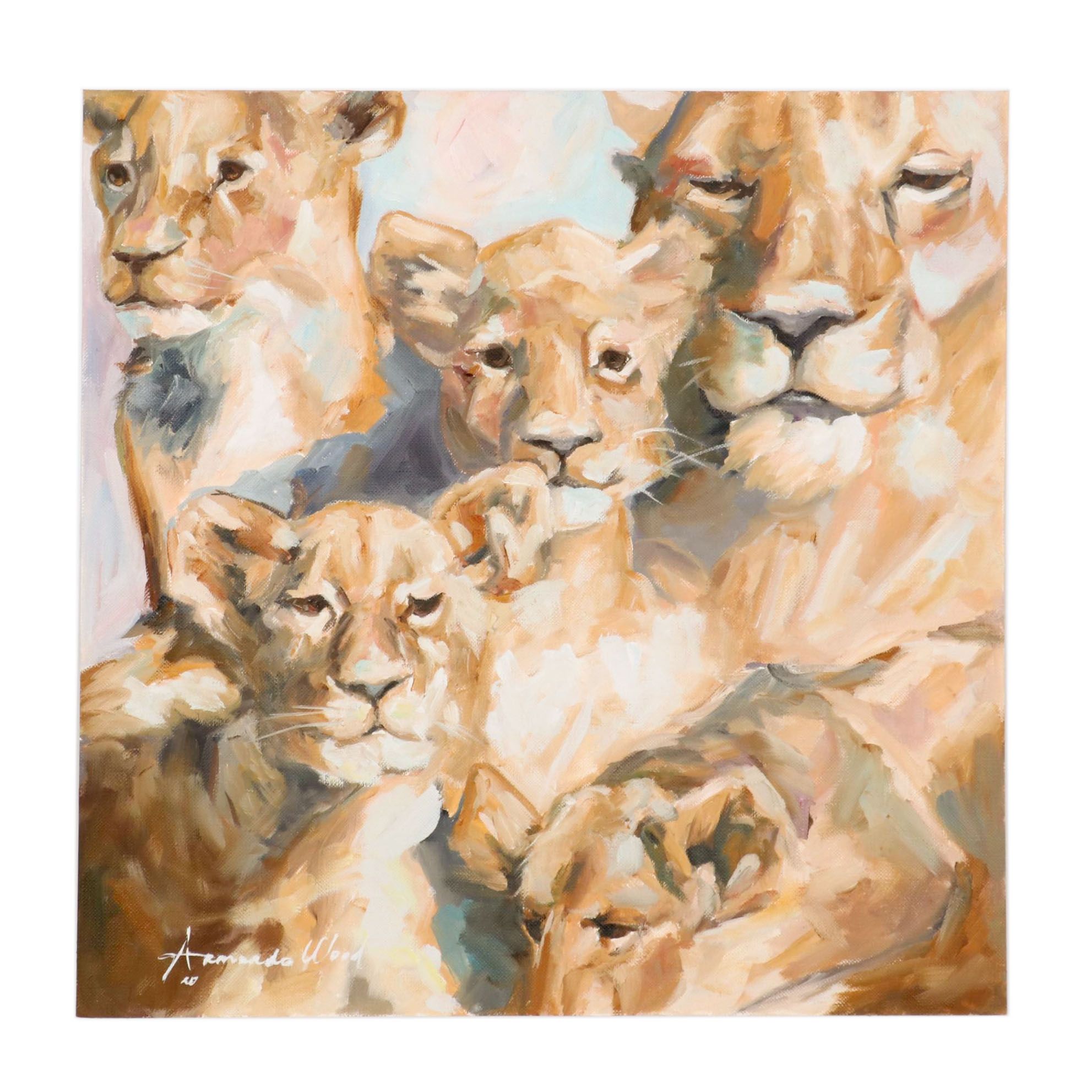 Armando Wood Oil Painting of Lioness and Her Cubs, 2020