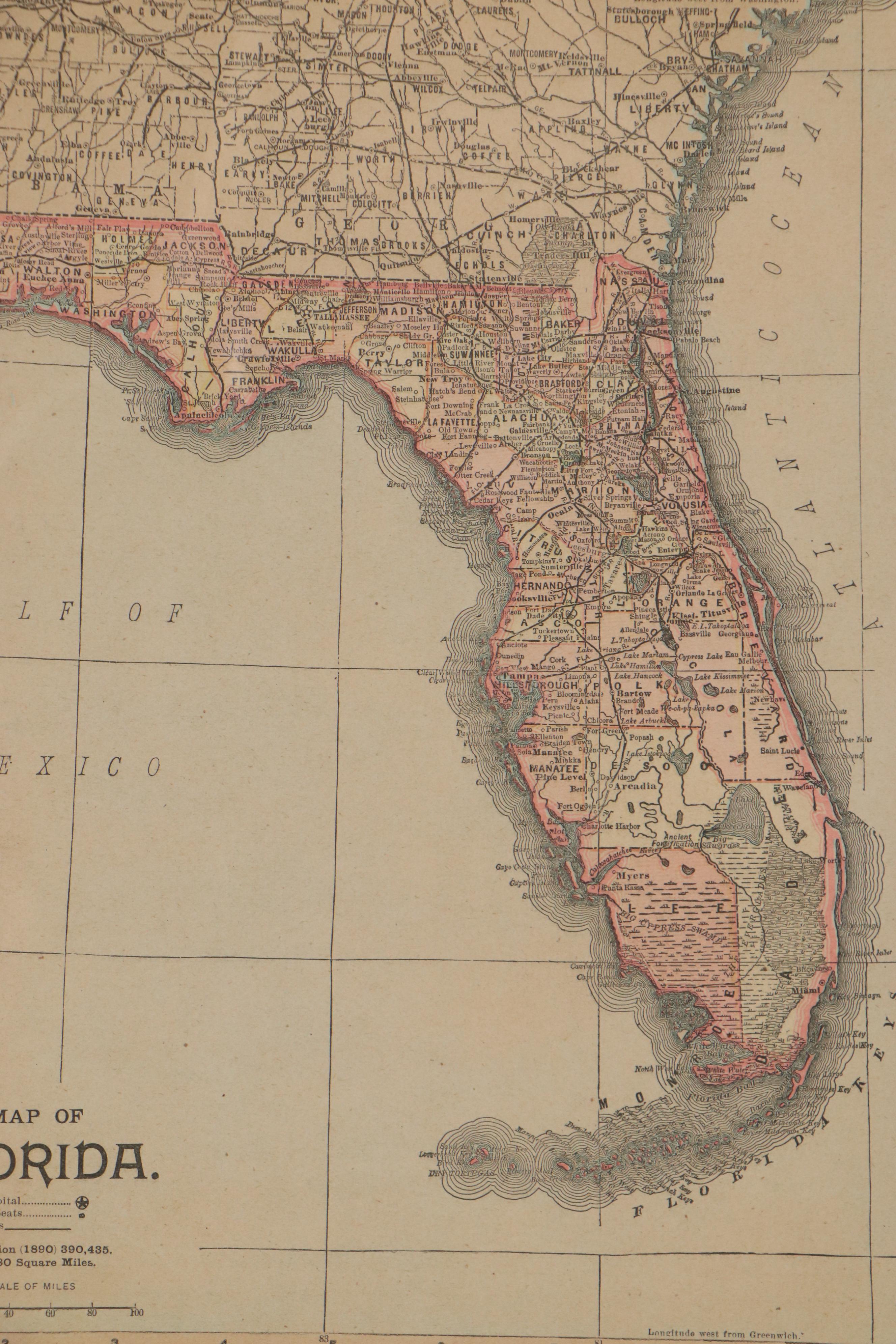 Wood Engraving Map of Florida, 1890