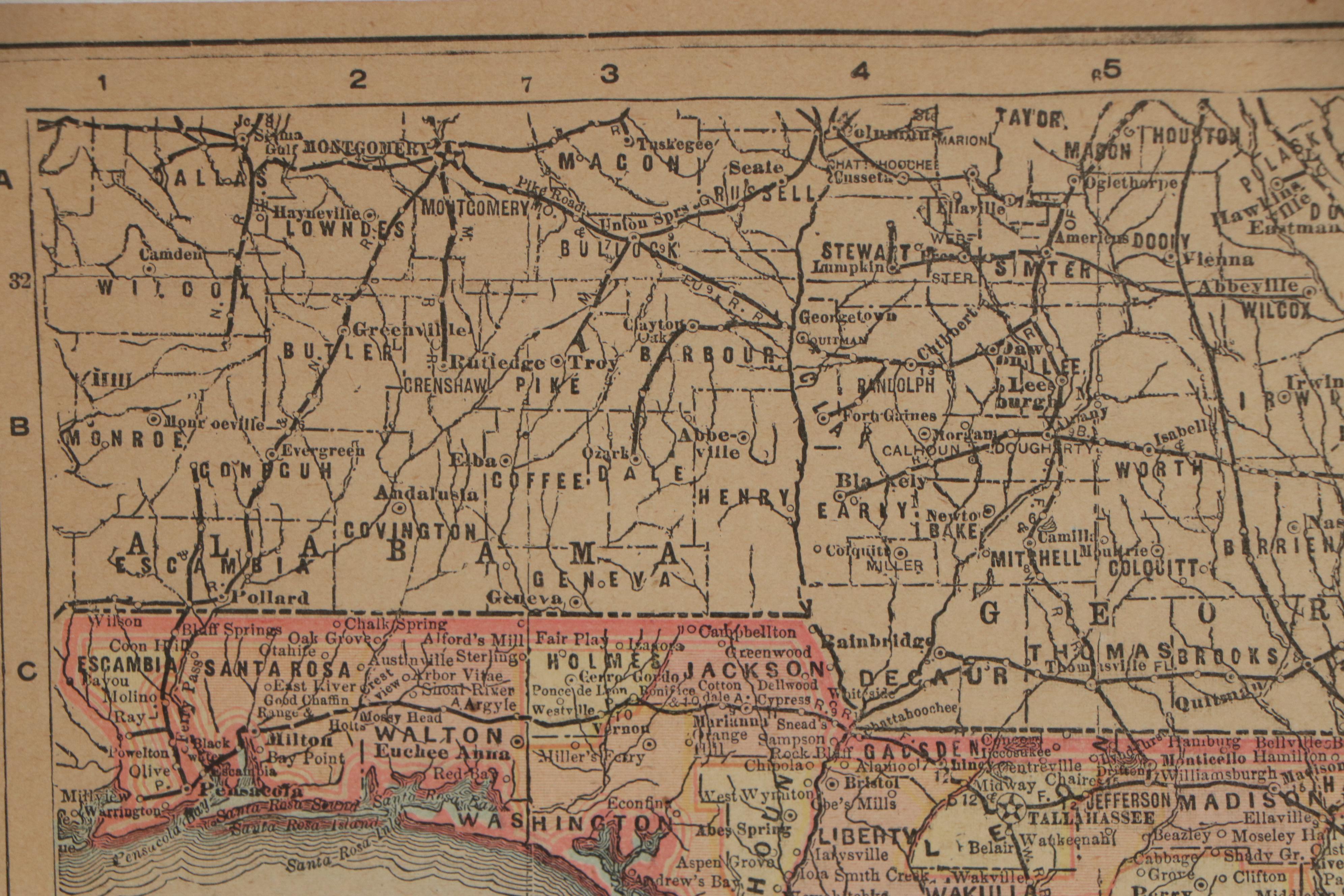 Wood Engraving Map of Florida, 1890