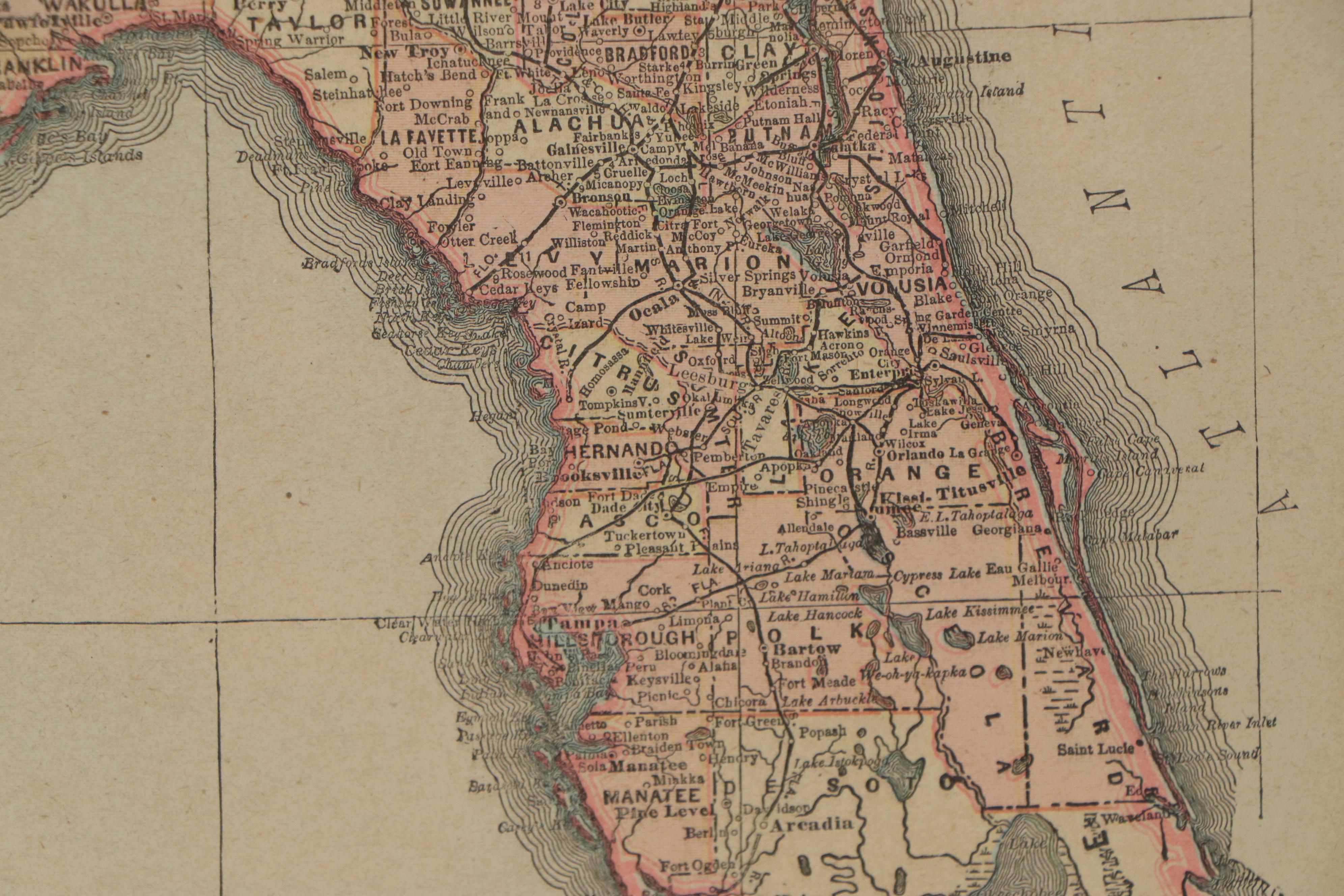 Wood Engraving Map of Florida, 1890