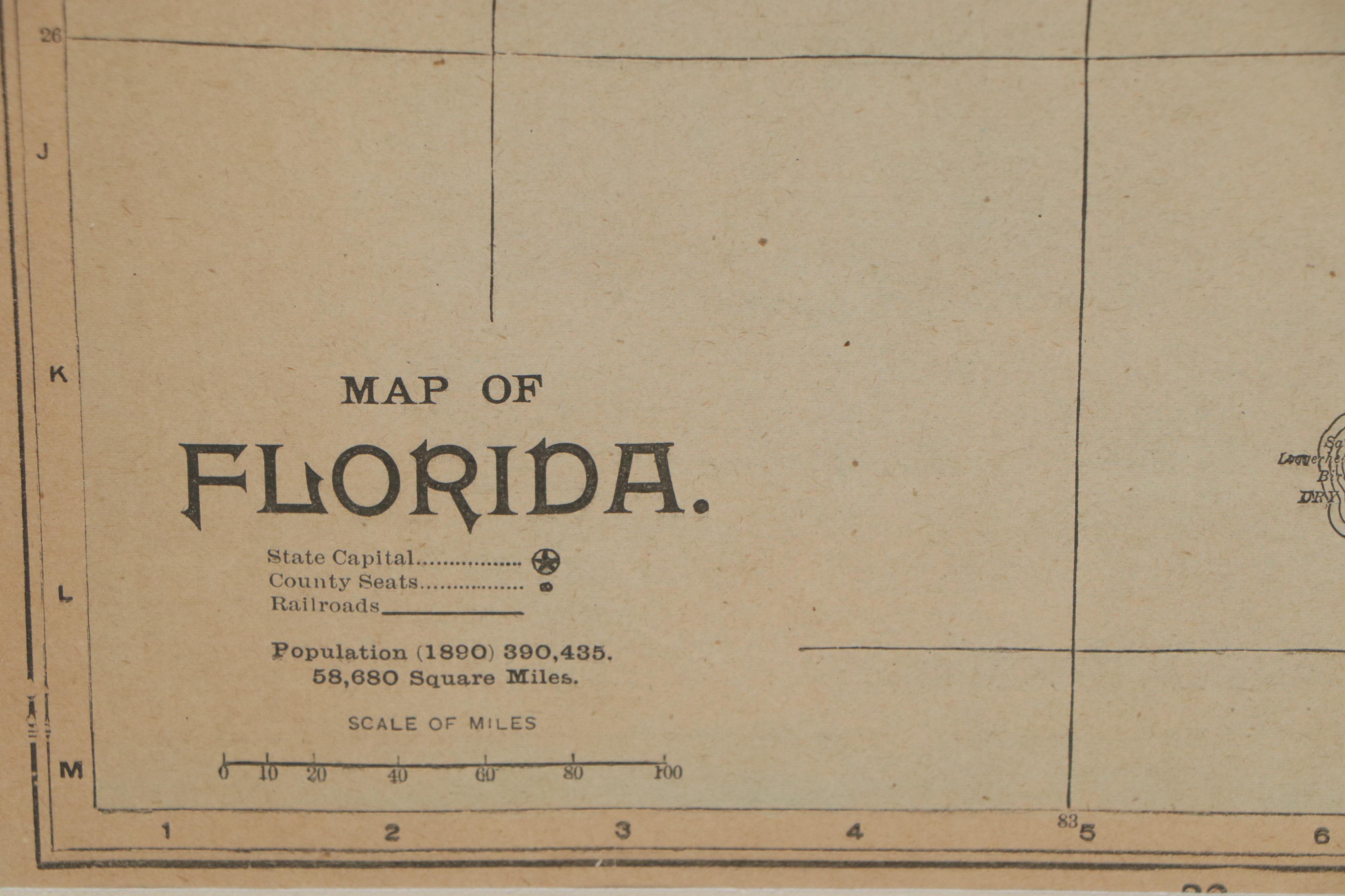 Wood Engraving Map of Florida, 1890