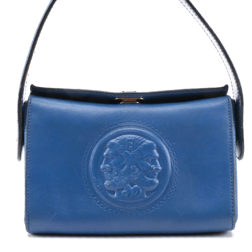 Modified Fendi Blue Leather Janus Medallion Top Handle Bag