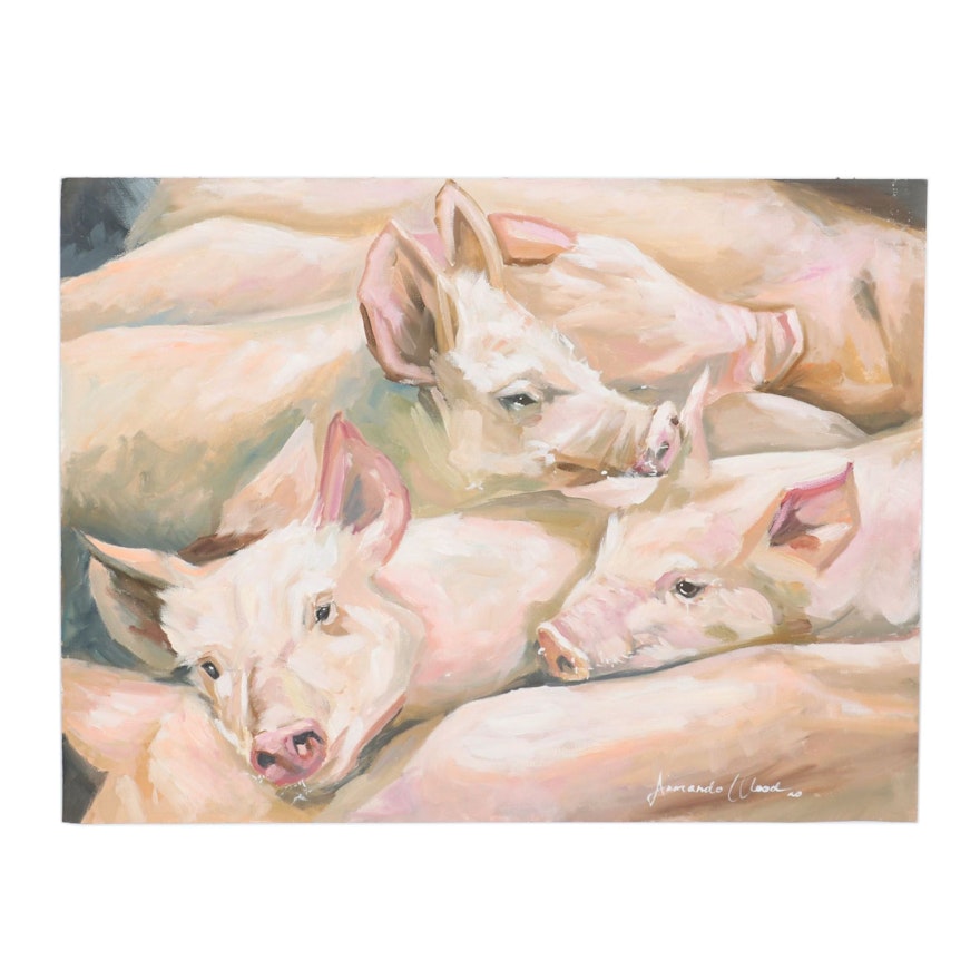 Armando Wood Oil Painting of Pigs, 2020