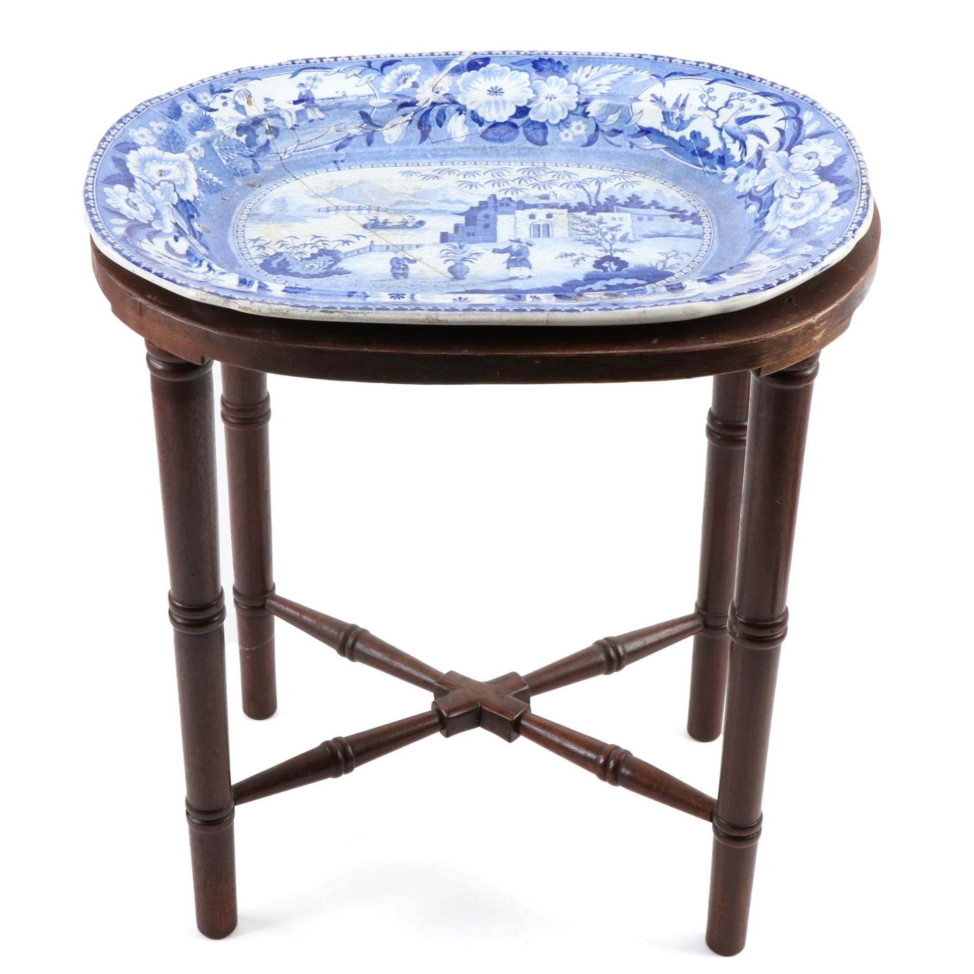 Blue Willow Style Ceramic and Wood Tray-on-Stand