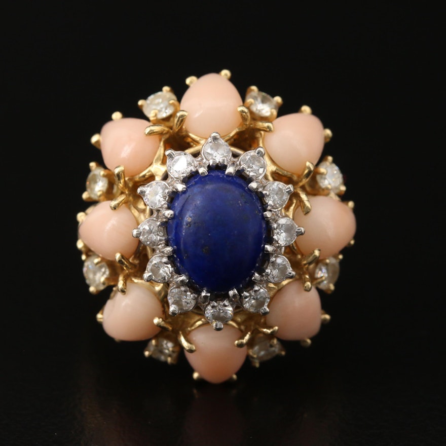 14K Lapis Lazuli, 1.00 CTW Diamond and Coral Cluster Ring