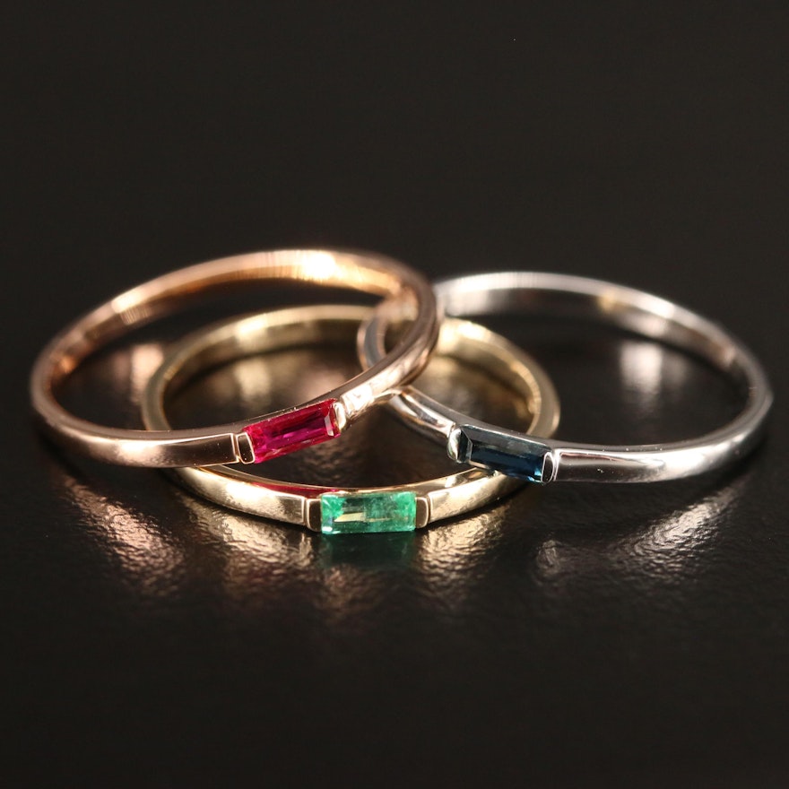 14K Tri Color Gold Stacking Bands Set with Ruby, Emerald and Sapphire
