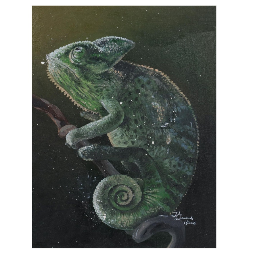 Armando Wood Oil Painting of Chameleon, 2020