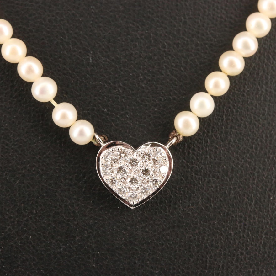 14K Pavé Diamond Heart and Pearl Necklace